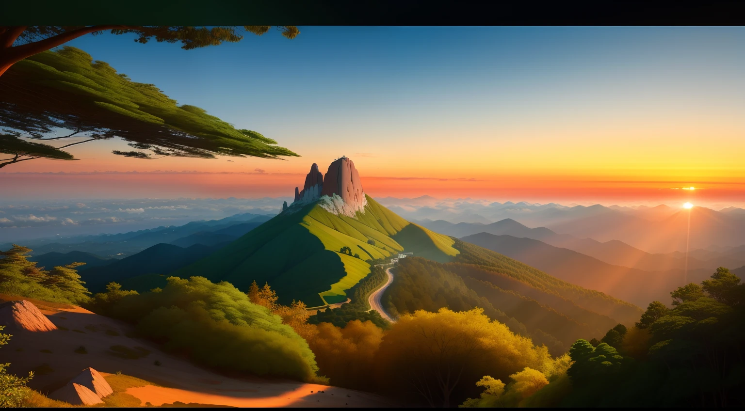Amanhecer do sol, no topo de uma montanha, em uma floresta encantada, realista, melhor qualidade, sharpened details, 8k, draw, drawing.
(Melhor qualidade) (Detalhes intrincados) (8K)(foco nítido) (draw) (drawing)
