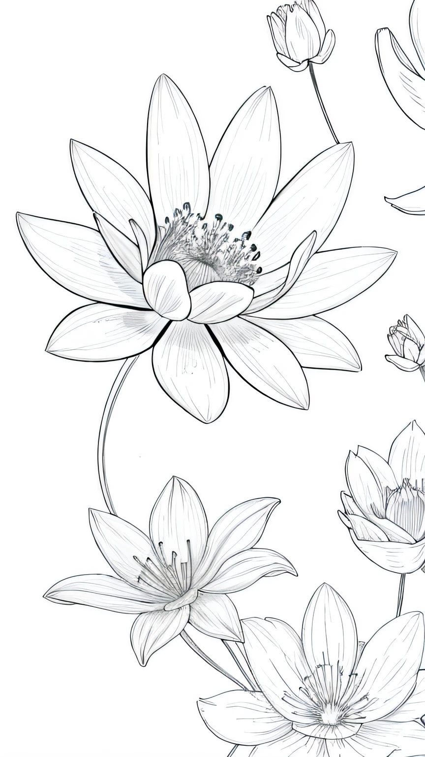 Blossoming Serenity flower, floral background, many flower, line drawing background, white background, monochrome, line drawing, ((sketch))
