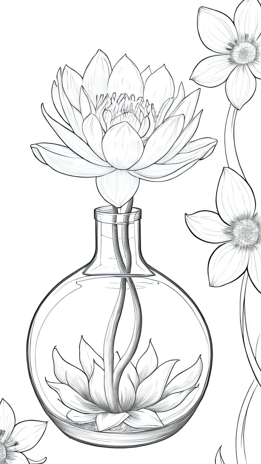 Blossoming Serenity flower, floral background, many flower, line drawing background, white background, monochrome, line drawing, ((sketch))