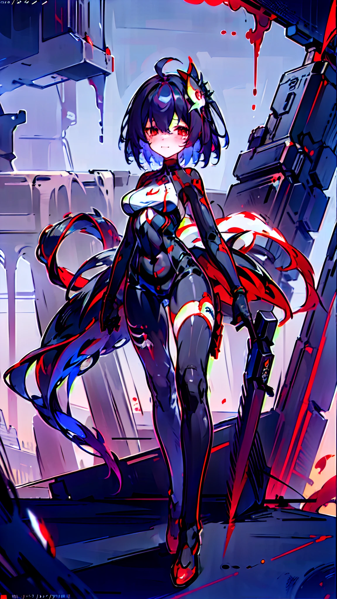 wince, long eyelasher, solid circle eyes, Light smile, Ear blush, devil pupils, Red eyes, Tears, Empty eyes, Dark blue hair, hair between eye, Short hair, huge ahoge, Mad eyes, bandage on, bandage over one eye, Smile, Sad, Crying, ripped apart, expressionless eyes, surrealism, shadowing, anaglyph, stereograms, tachi-e, angle of view, Atmospheric perspective, Chiaroscuro, Cinematic lighting, 8K, Super detail, ccurate, Best quality, hyper HD, retinas, Masterpiece, Textured skin, Award-Awarded, A high resolution, Best quality, Super detail, best qualtiy， 8K， digitial painting,1girll， 独奏， standing on your feet， hair adornments， Red eyes， ， blood stain， mechanicalparts， electrical wires， electric cables， Failure effect， terroral， sci-fy， A futuristic， background inside dark， neonlight， cyber punk perssonage， hyper realisitc， eerie， unnerving， spine-chilling， terroral， onesie，Red eyes，Venom possession，Blackened，long black gloves，Jumpsuits，Skinny one-piece latex clothing，Highlight her gorgeous figure,Wrap the whole body，symbiote，（（Raised sexy）），onesie，Red eyes，Venom possession，Blackened，long black gloves，Jumpsuits，Black latex clothing，Blood-red eyes，Best quality, high resolution, Ultra-detailed, Vivid texture, Mask, Skinny one-piece latex clothing, bangs,Purple hair，Wear socks，Tears，anklet，washes，Blackened，Wrapped in black slime,A sad expression,Say goodbye to the gaze，Red coat,long eyelasher, solid circle eyes, Light smile, Ear blush, Red eyes, Tears, Empty eyes, Dark blue hair,Red coat,bleed,,The legs were covered with bandages,The legs were covered with bandages,The whole body is covered with bandages,Anime girl in red cape
