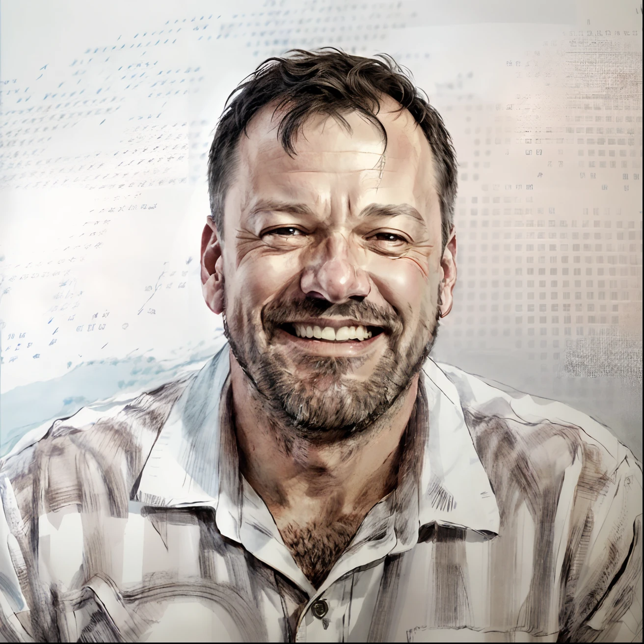 Smiling man in white shirt with a world map in the background, arte digital, arte digital, artista digital, Retrato NFT, arte digtal, Retrato de Mark Hammil, Vitaliy Bondarchuk, arte digital, Retrato de Ricky Gervais, Retrato gigachado, Directed by: Joseph Werner, avatar para o site, detailed illustration portrait, inspirado em Georg Scholz. melhore esta imagem