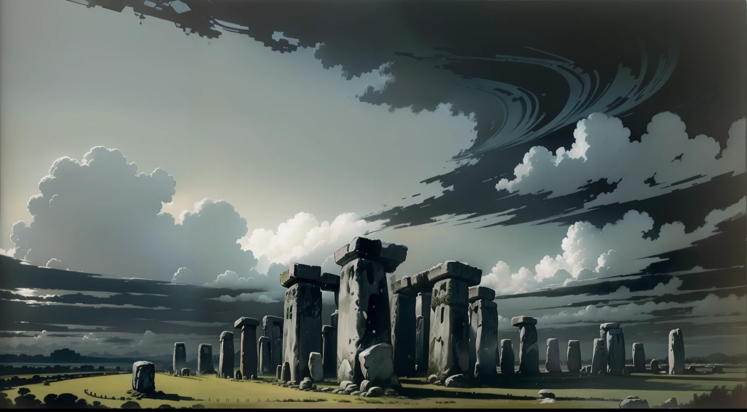 Landscape, Stonehenge em primeiro plano, cinza, clouded skies, neve
