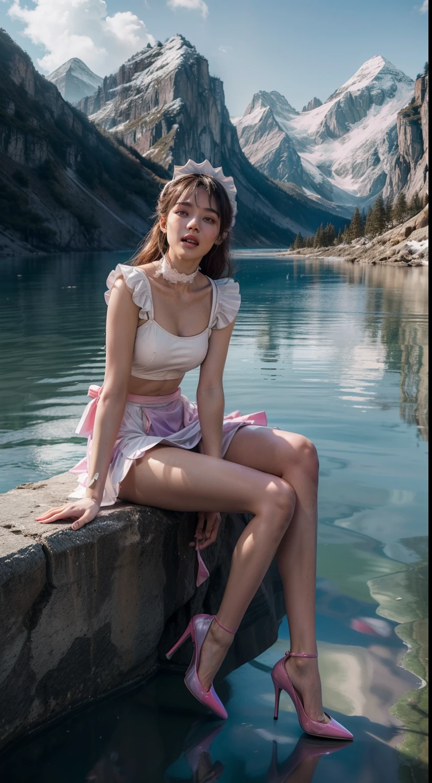 Splitting characters is prohibited,(full bodyesbian:2),(1girll:1.2),(Reveal high heels,A perfect match to the picture:1.6), (anatomy correct:1.5), (The figure is at the top of the mountain|on a snowy mountain|over the sea|in the water|On the boat|Top of high-rise building|On the street|in woods|at the lakes|In front of the waterfall|in an airplane|:1.1), (Wear gorgeous maid outfits:1.5),(Polished pointed toe heels:1.2), Keep your feet off the ground,(In pink|amarelo|blue colors|green color|red colour|white colors|black in color|purpleish color|greys|Beige|Flesh-colored:1.3),(Accurate and perfect face:1.3),(Skin reflection:1.5),A shallow laugh,,Strangling effect,hyper HD, Ray traching, reflective light,structurally correct, Award-Awarded, high detal, lightand shade contrast, Face lighting,cinmatic lighting, tmasterpiece, super detailing, high high quality, high detal, best qualityer, 16k