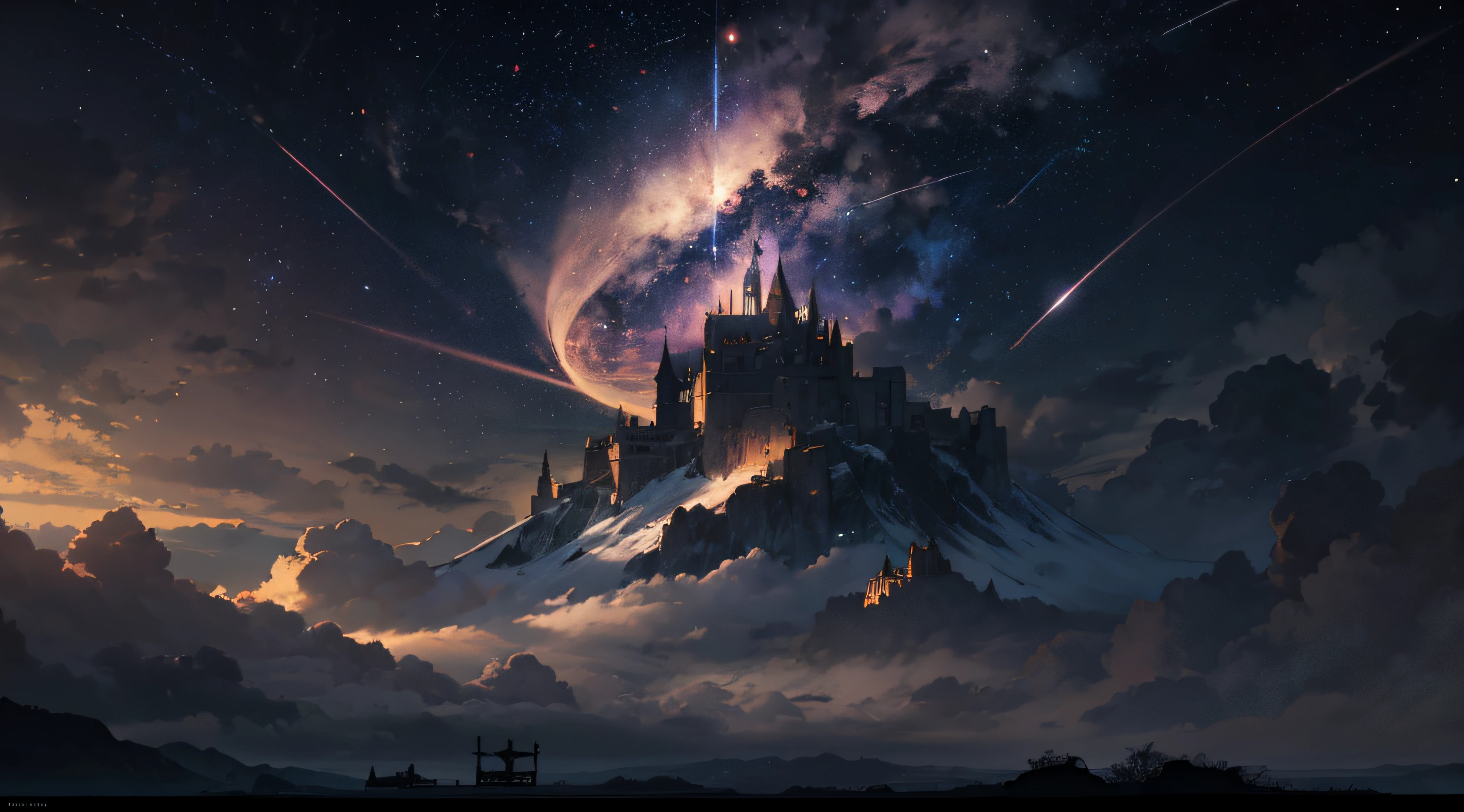 Expansive landscape photograph，（moon full：1.2），（meteors：0.9），（Starcloud：1.3），（Warm light source：1.2），（glowworm：1.2），lamp lights，Lots of purple and orange，Complicated details，Volumetriclighting，Realism BREAK（tmasterpiece：1.2），（best qualtiy），8K，Ultra-detailed，（dynamic compositions：1.4），The is very detailed，Colorful details，（Irridescent color：1.2），（luminouslighting，Atmospheric lighting），dream magical，magical，（独奏：1.2），（（best qualtiy））， （（tmasterpiece））， （the detail：1.4），depth of fields，maximum definition and sharpness，perfectly proportions，Fluttering clouds，Wallpapers
