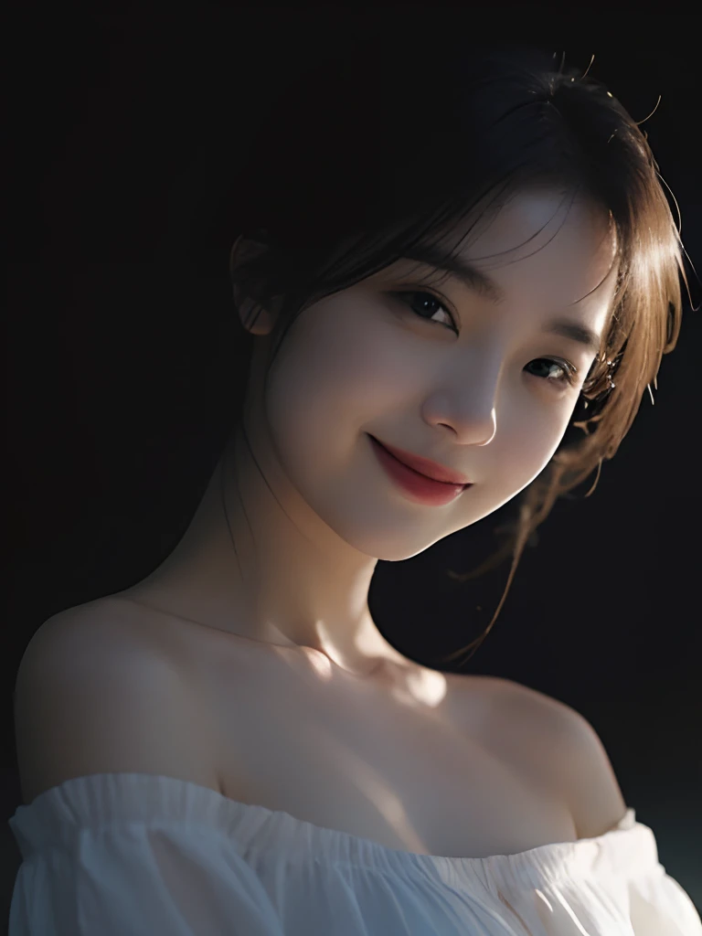 top-quality、​masterpiece、超A high resolution、(Photorealsitic:1.5)、Raw foto、1girl in、off shoulders、murky、deep-shadows、Unobtrusive、cold light、sexy appearance、a smile
