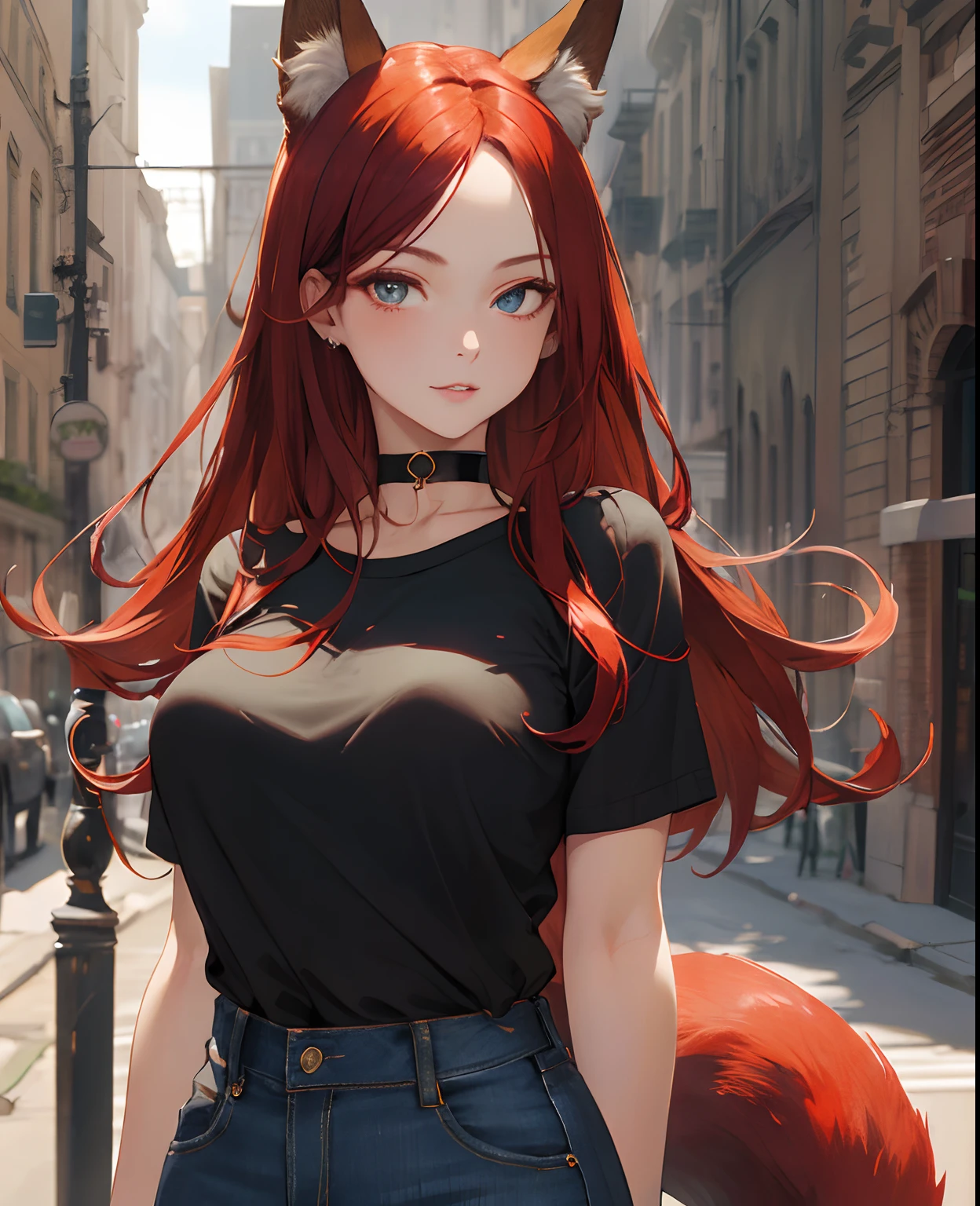 (Masterpiece, Best quality, ultra high resolution,splendid),1girl,redhead, long jeans, choker, black shirt, beautiful and detailed face, detailed eyes, fox ears, fox tail