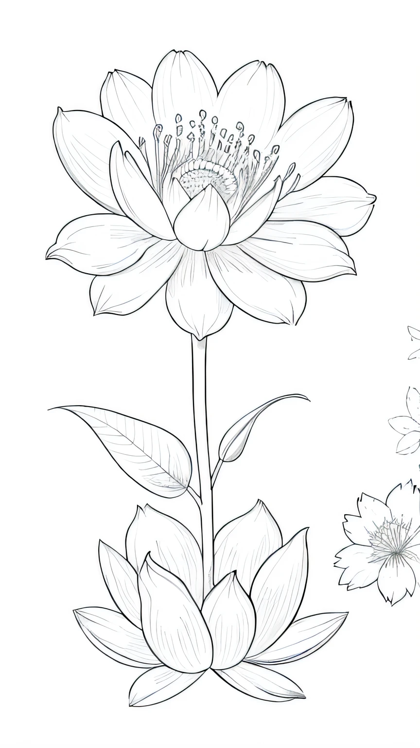 Blossoming Serenity flower, bloom, floral background, many flower,  line drawing background, white background, monochrome, line drawing, ((sketch))