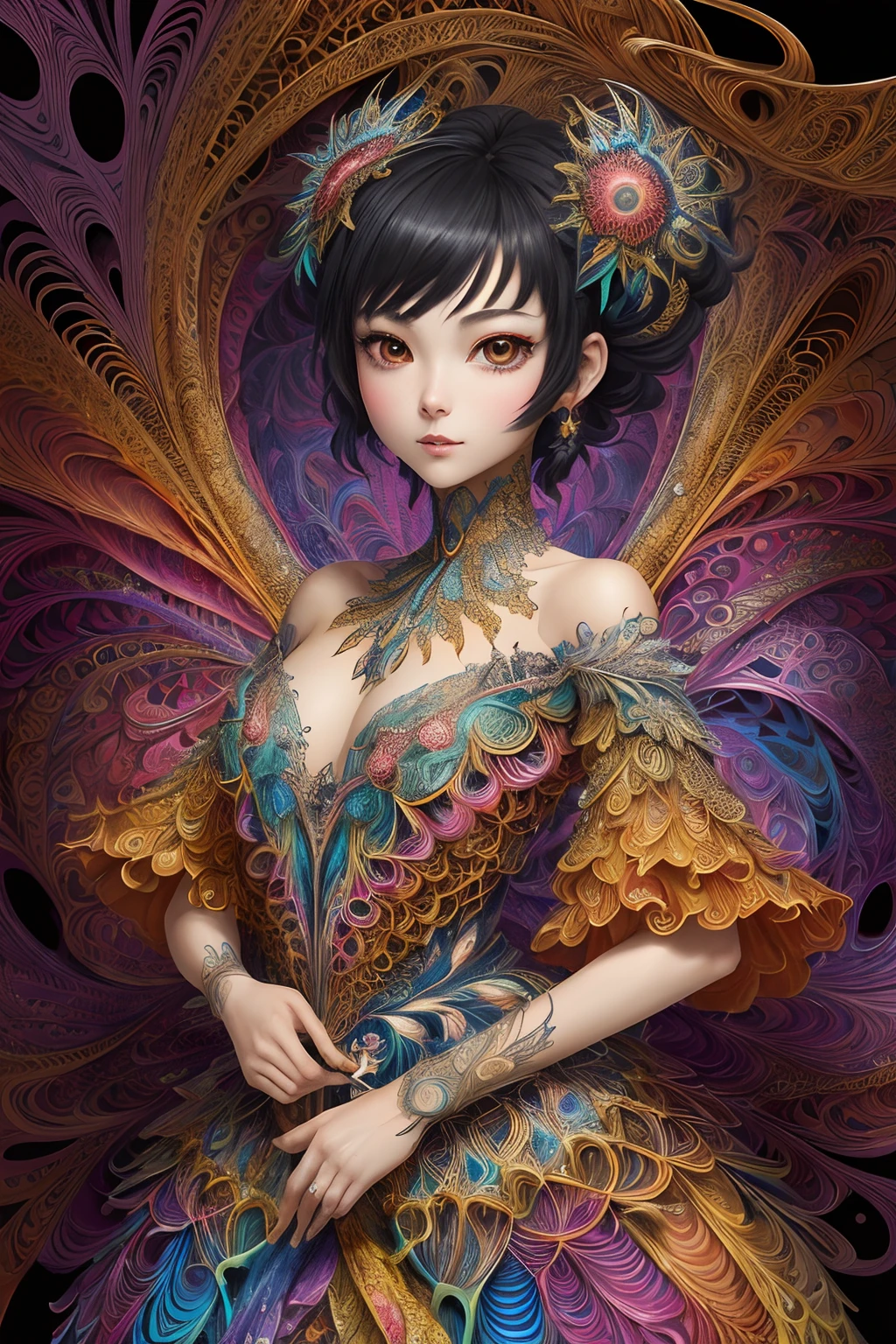 (masterpiece, top quality, best quality, official art, beautiful and aesthetic:1.2), (1girl:1.3), extremely detailed,(fractal art:1.2),colorful,highest detailed,(zentangle:1.2), (dynamic pose), (abstract background:1.5), (treditional dress:1.2), (shiny skin), (many colors:1.4), upper body, masterpiece, best quality,high quality,highres, 16K,RAW,ultra highres,ultra details,finely detail,an extremely delicate and beautiful,extremely detailed,real shadow, anime,highly detailed painted,award winning glamour paintting,wonderful paintting,art style,stylized,