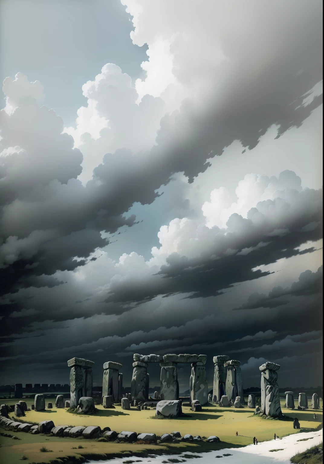 landscape, stonehenge, cinza, clouded skies, neve
