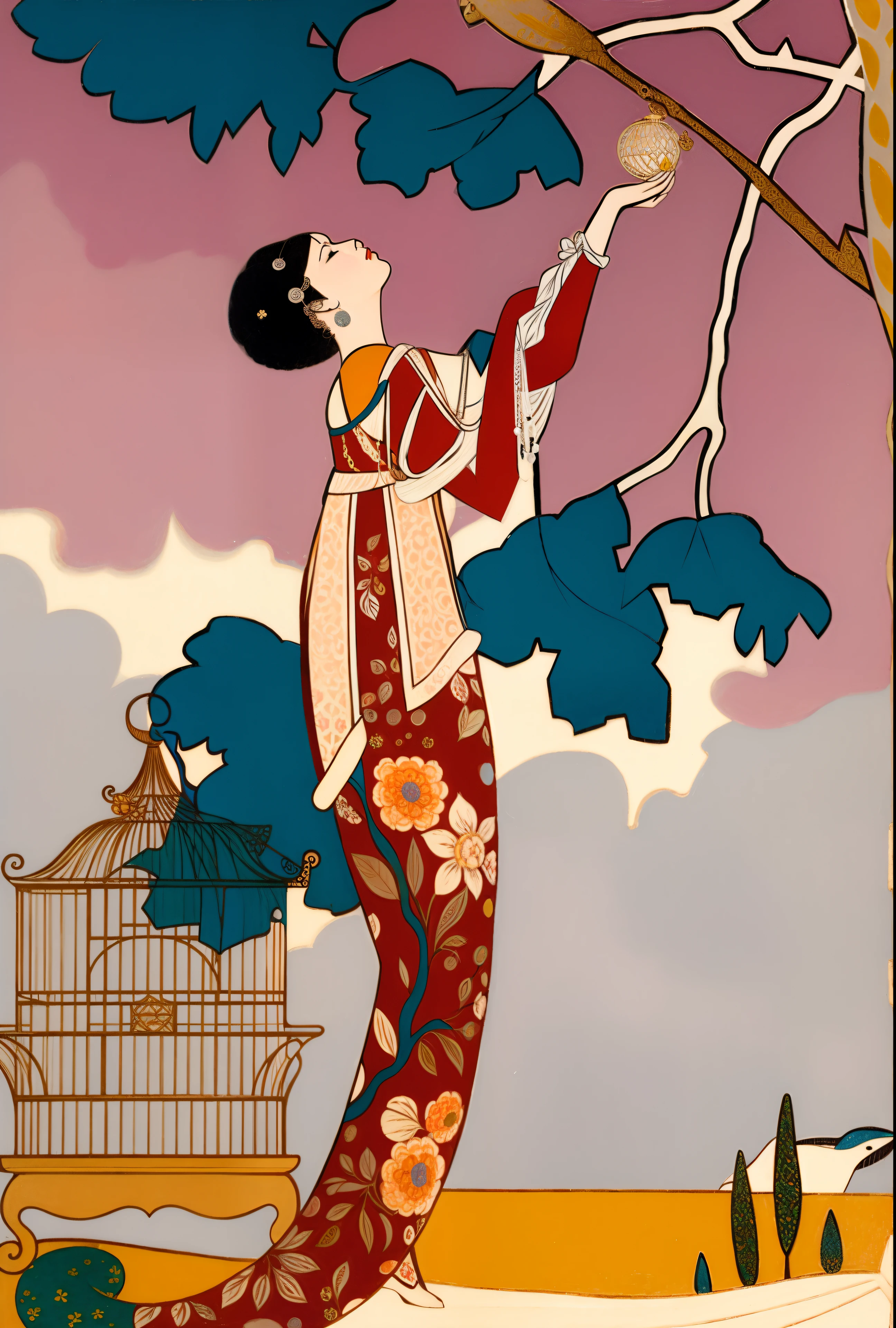 A closeup of a woman holding a bird cage near a tree, inspirado em George Barbier, Arte Nova Oriental, Moda Art Nouveau, Directed by: George Barbier, art nouveau aesthetic, inspirado em Gerda Wegener, Eugene Grasset, Orientalismo dos anos 1920, art nouveau illustration, em estilo art nouveau, Estilo Art Nouveau