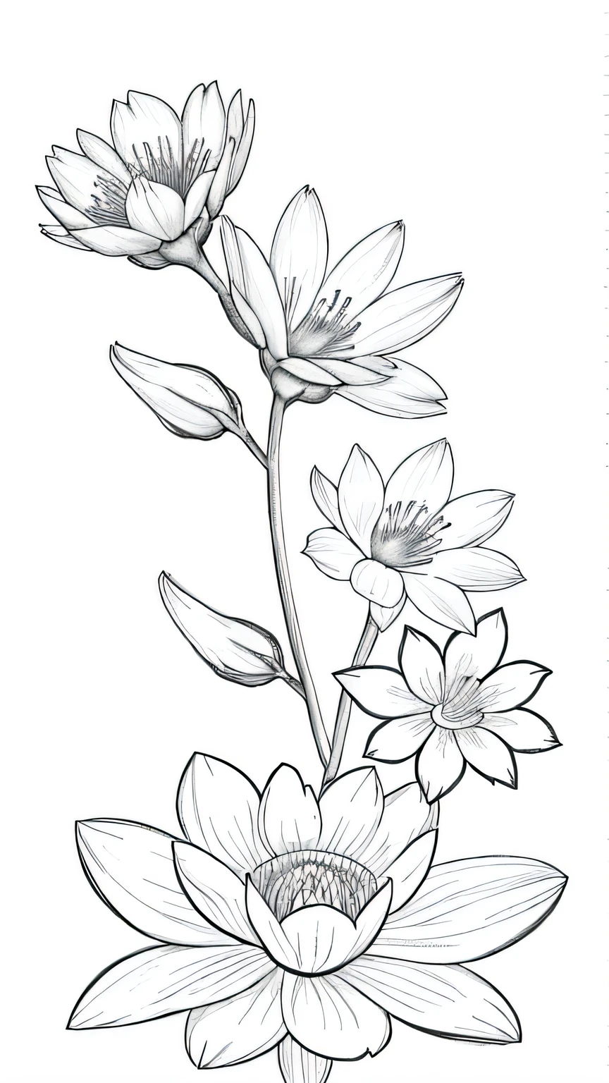 Blossoming Serenity flower, bloom, floral background, many flower,  line drawing background, white background, monochrome, line drawing, ((sketch))