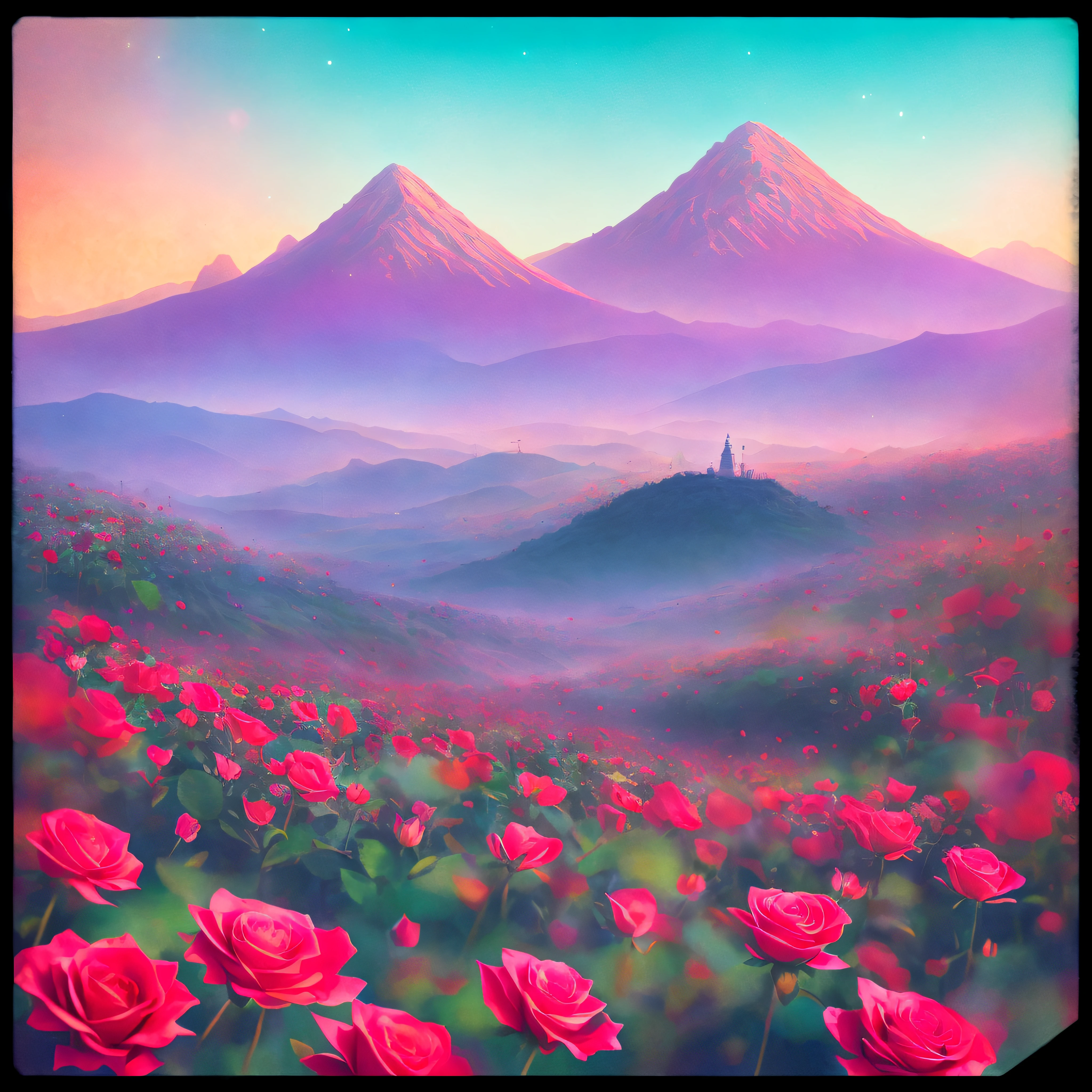 there is a field of flowers with a mountain in the background, surreal waiizi flowers, roses in cinematic light, mythical floral hills, paul lehr and beeple, flower fields, jean-sebastien rossbach, flowerfield, rose, field of fantasy flowers, dreamy landscape, celestial red flowers vibe, inspired by Paul Lehr, roses, desert flowers