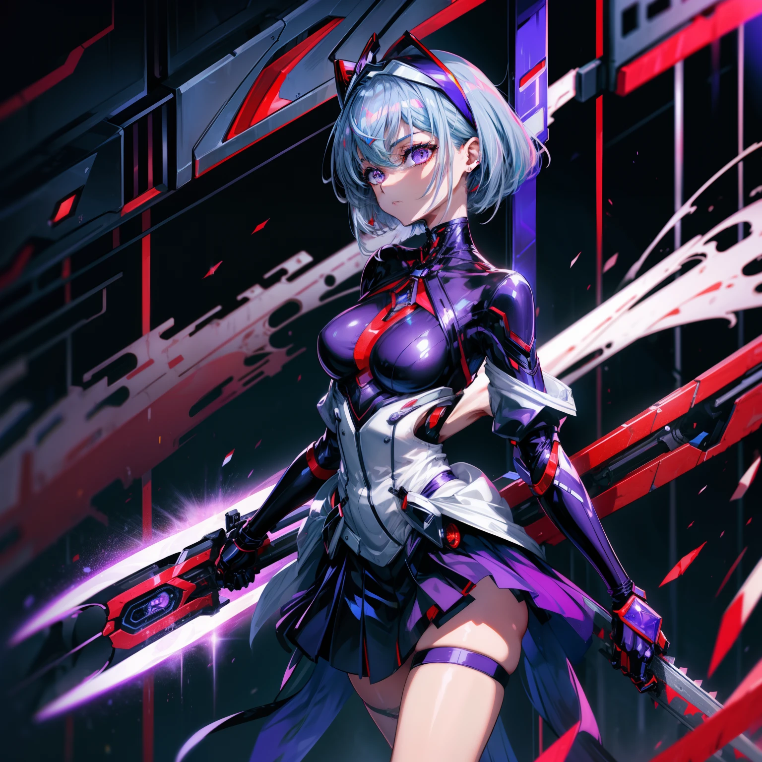 Beautiful girl in futuristic cyber bodysuit style maid outfit。Image color is blue-violet。highleg。Eyes glow red。Red mechanical headband。falda corta。Blades lined like a chainsaw at the hem of the skirt。Falx in both hands。Blue-violet and silver hair。short-hair。A red fin-shaped ribbon is worn at the waist。Red crystals on the forehead。Metal accessories with aggressive design。