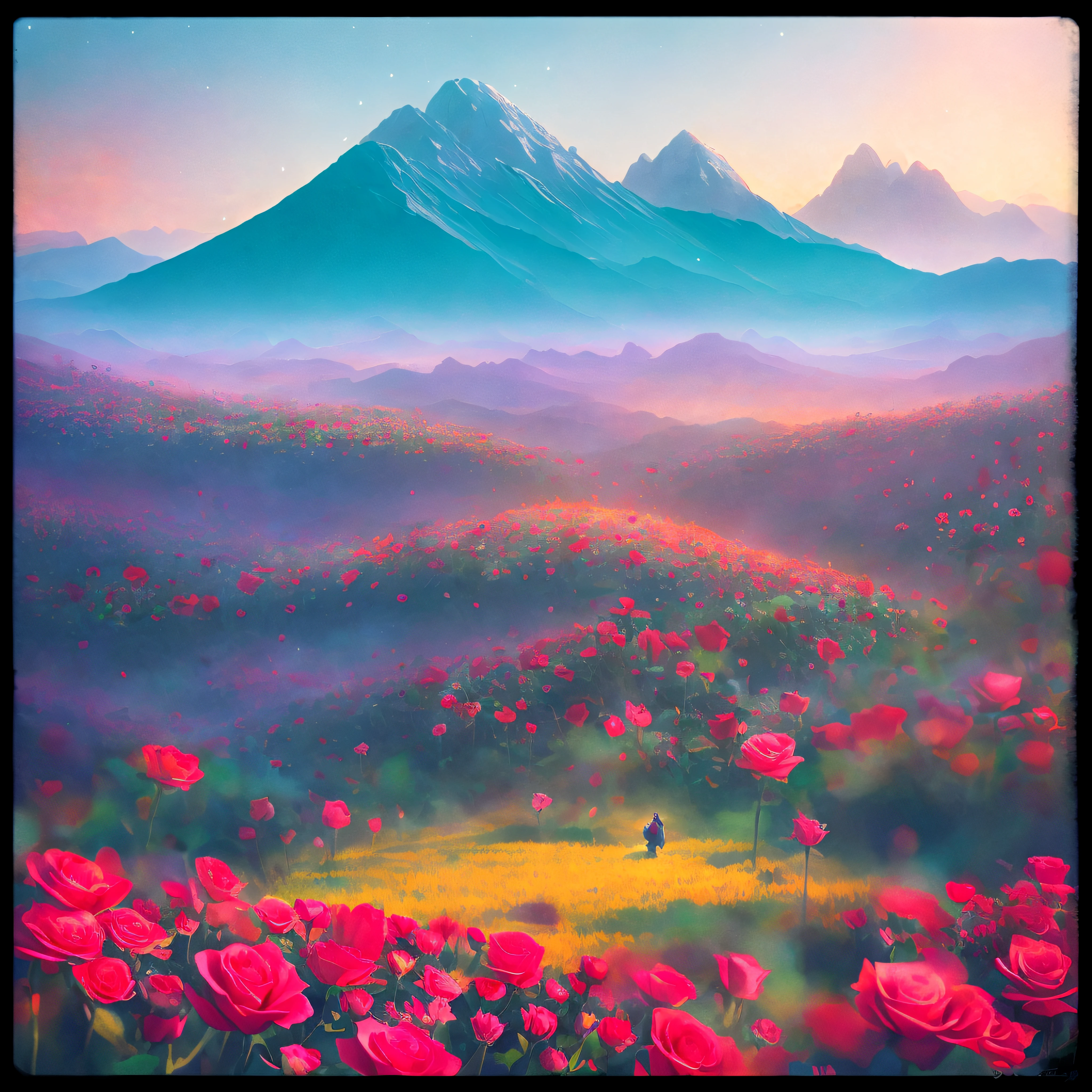 there is a field of flowers with a mountain in the background, surreal waiizi flowers, roses in cinematic light, mythical floral hills, paul lehr and beeple, flower fields, jean-sebastien rossbach, flowerfield, rose, field of fantasy flowers, dreamy landscape, celestial red flowers vibe, inspired by Paul Lehr, roses, desert flowers