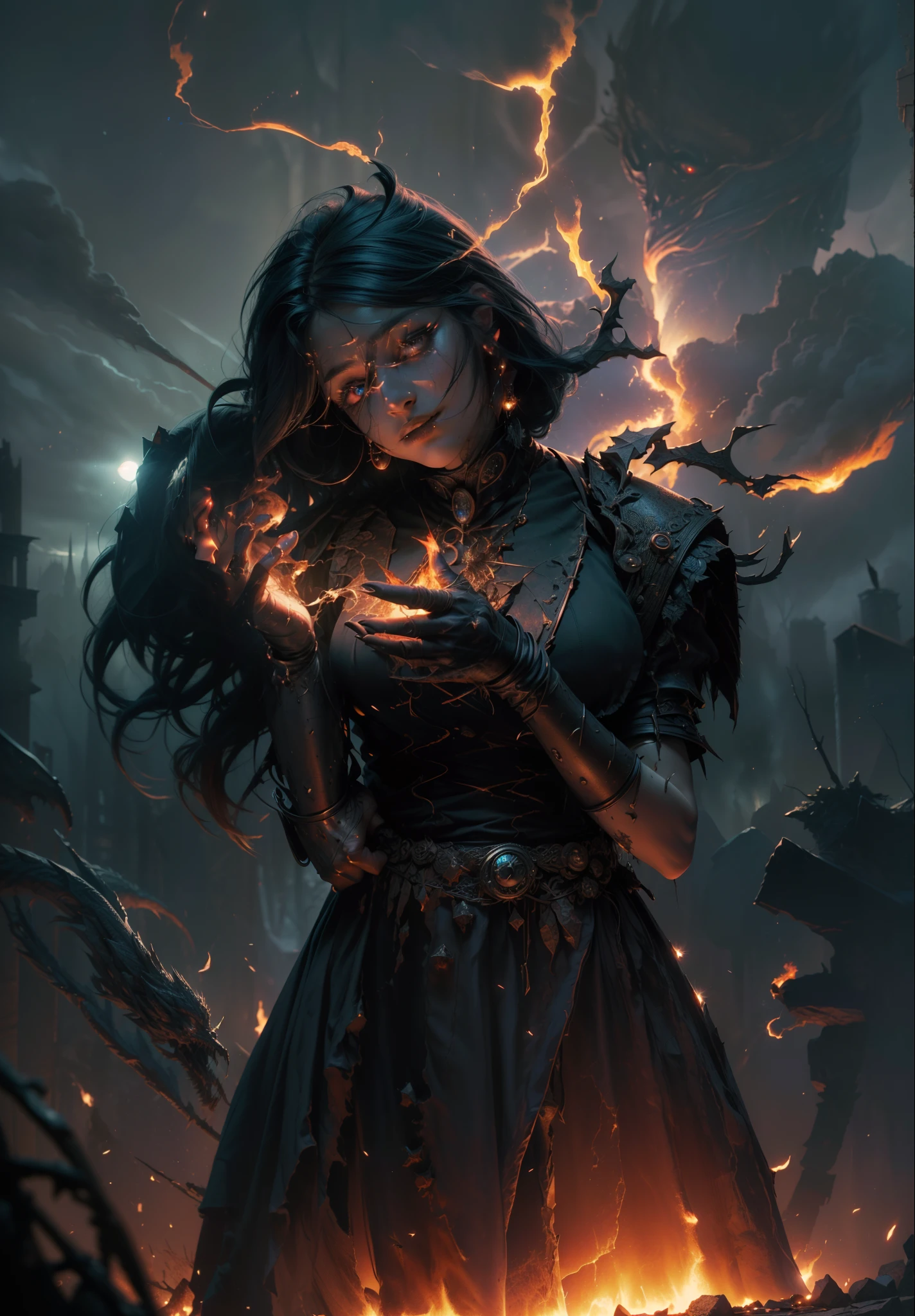 (Dark Fantasy:1.2), (Masterpiece, Epic Quality, Epic Realism, Ultra Resolution, 8K Photo Unity, Epic Detail: 1.1), Young Witch, (Intricate Details, Dynamic Angle, The Most Beautiful Form of Chaos, Night, Fire, Sparks, Ashes, Rim Lighting, Soft Lighting, (Professional Photography, Photorealism, Hyperrealism), Ray Tracing, HDR