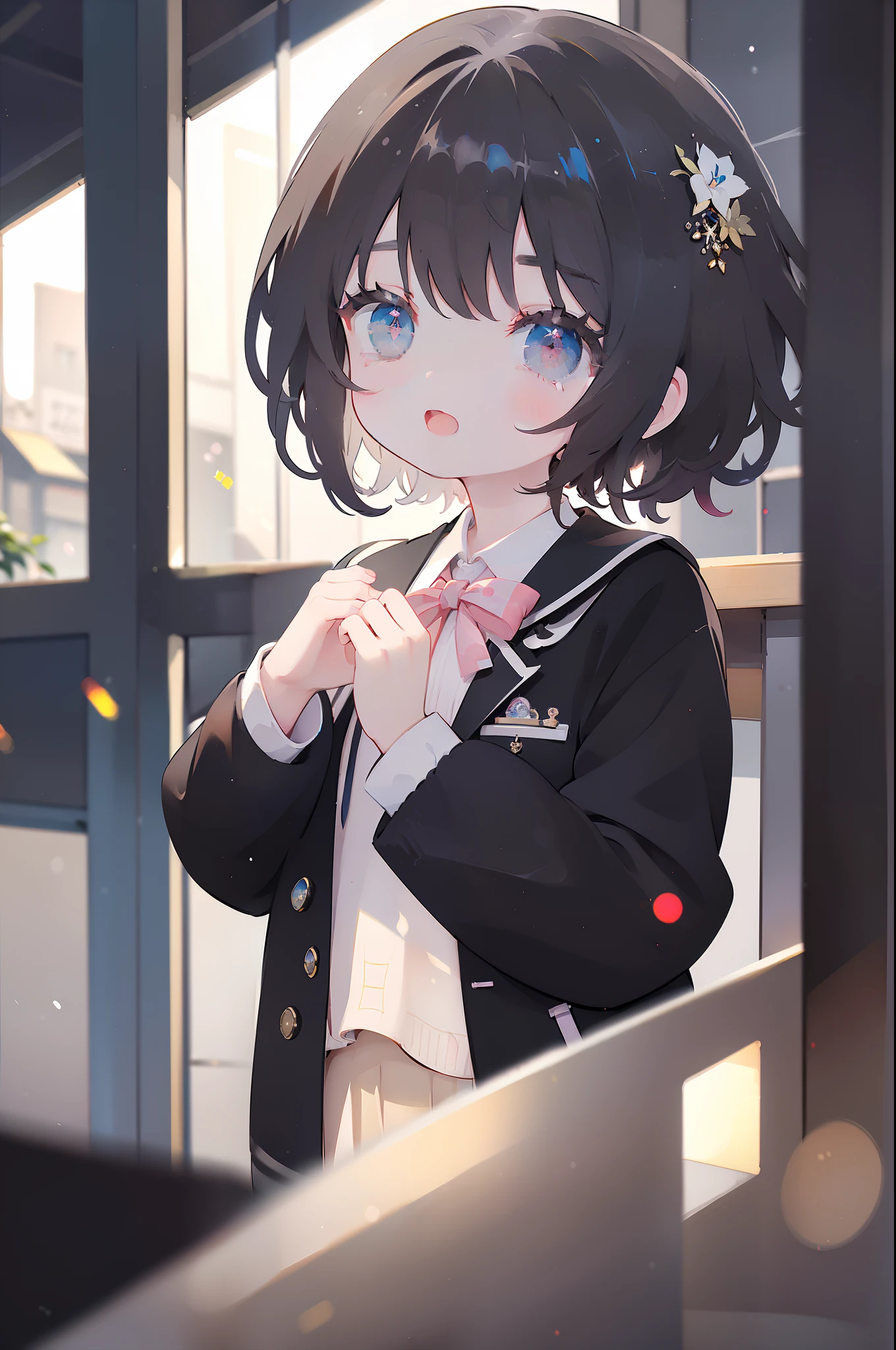 1 girl in、A dark-haired、Side tail、Brown eyes、blazers、student clothes、kawaii、School machine、inside a classroom、Light shining、Mottled light、Particles of light、Bokeh background、the wind、mechanical pencil、(Smile with open mouth)、Plump cheeks、delicated face、Delicate eyes、a beauty girl、​masterpiece、(High resolution of the highest quality)、((Masterpiece Highest Quality:1.3)), [[bad face]], [[Fused fingers]], [[Malformed hands]], [[[Multiple arms]]]