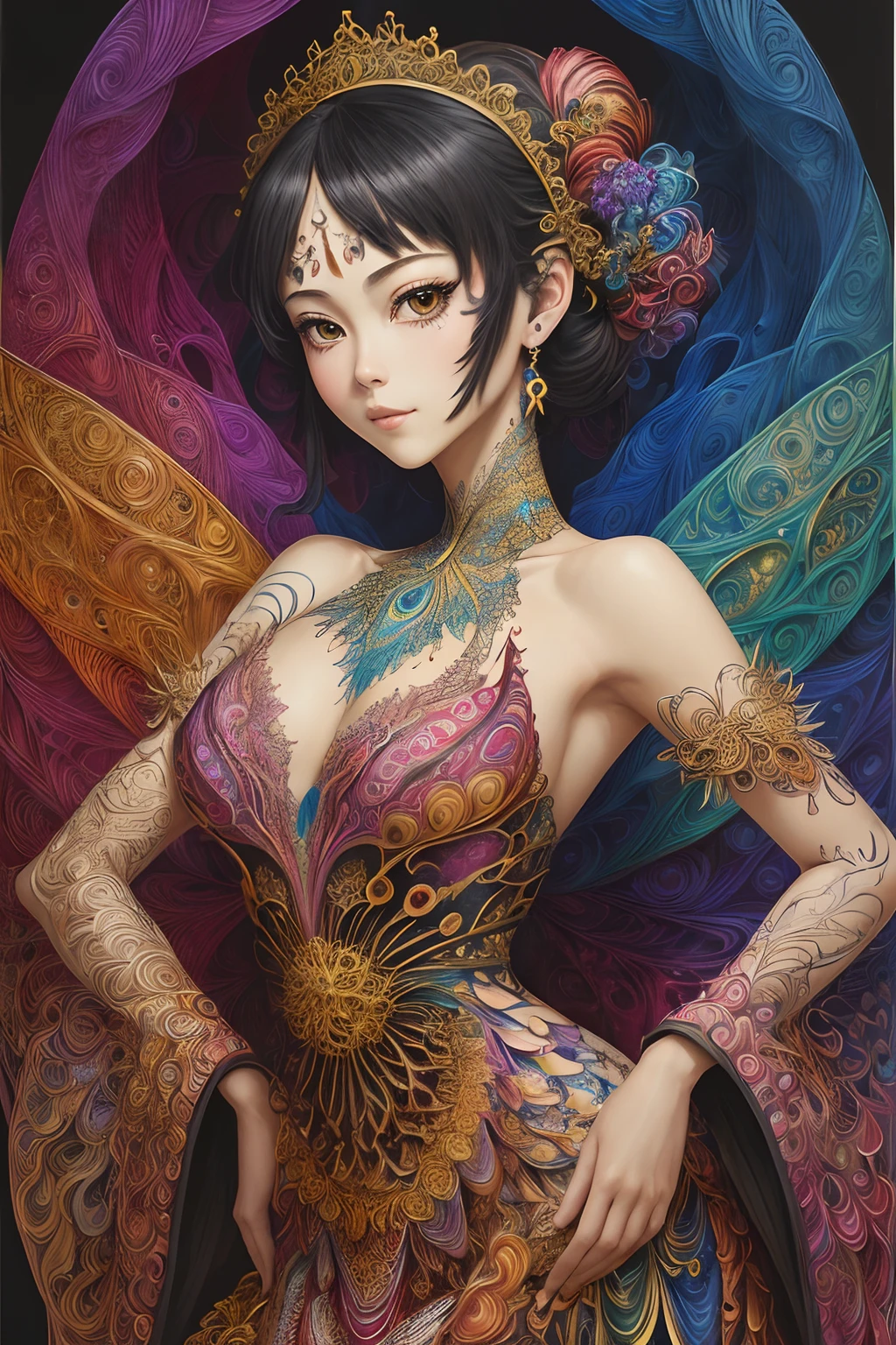 (masterpiece, top quality, best quality, official art, beautiful and aesthetic:1.2), (1girl:1.3), extremely detailed,(fractal art:1.2),colorful,highest detailed,(zentangle:1.2), (dynamic pose), (abstract background:1.5), (treditional dress:1.2), (shiny skin), (many colors:1.4), upper body, masterpiece, best quality,high quality,highres, 16K,RAW,ultra highres,ultra details,finely detail,an extremely delicate and beautiful,extremely detailed,real shadow, anime,highly detailed painted,award winning glamour paintting,wonderful paintting,art style,stylized,