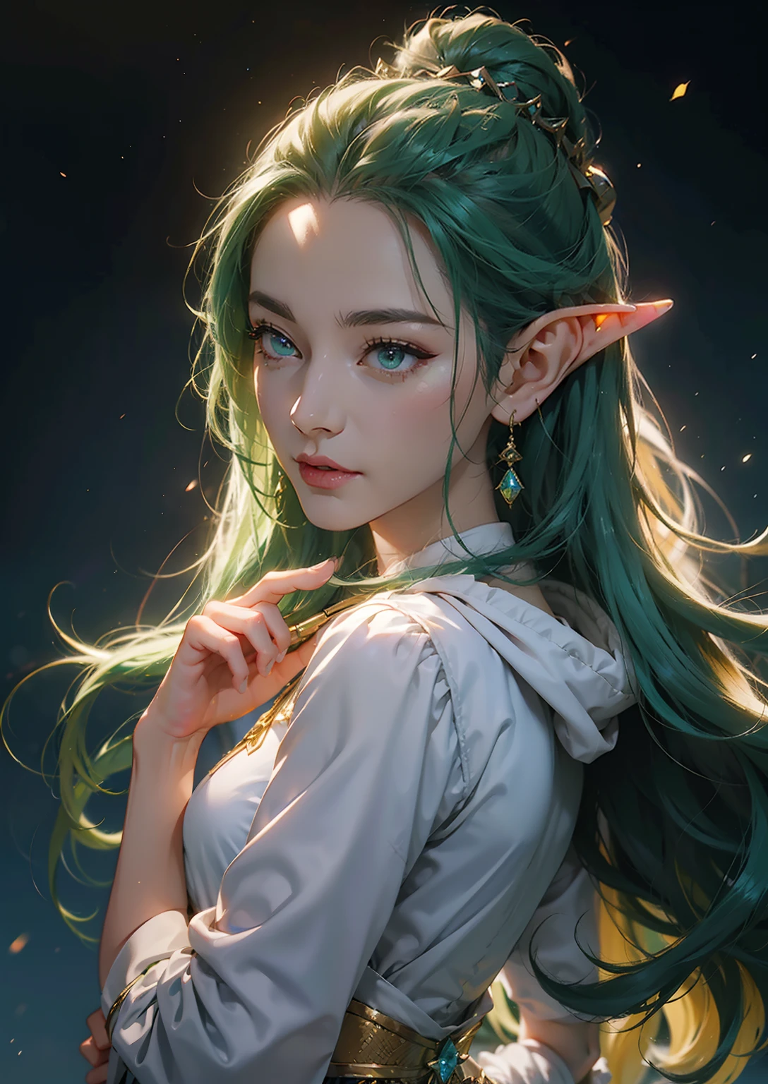 1girl in, elf-ears, Elven Princess, Green hair, Gradient Hair, Long hair, hair messy, Dreadlocks, hair clips, Hair Ornament, Jewelry, forehead gem, Hood down, star-shaped pupils, Gradient Eyes, aqua eyes, pointy ear, crystal earrings, Serious, Bright pupils, flustered, Anime, Anime style, Anime, Anime, spark of light, Glowing light, reflective light, vignetted, Reference Sheet, From Side, Lens Flare, ((masutepiece)), masutepiece, Anatomically correct, Super Detail, High quality, high details, Best Quality, 4K, 8K, 16 K, hard disk, nffsw
