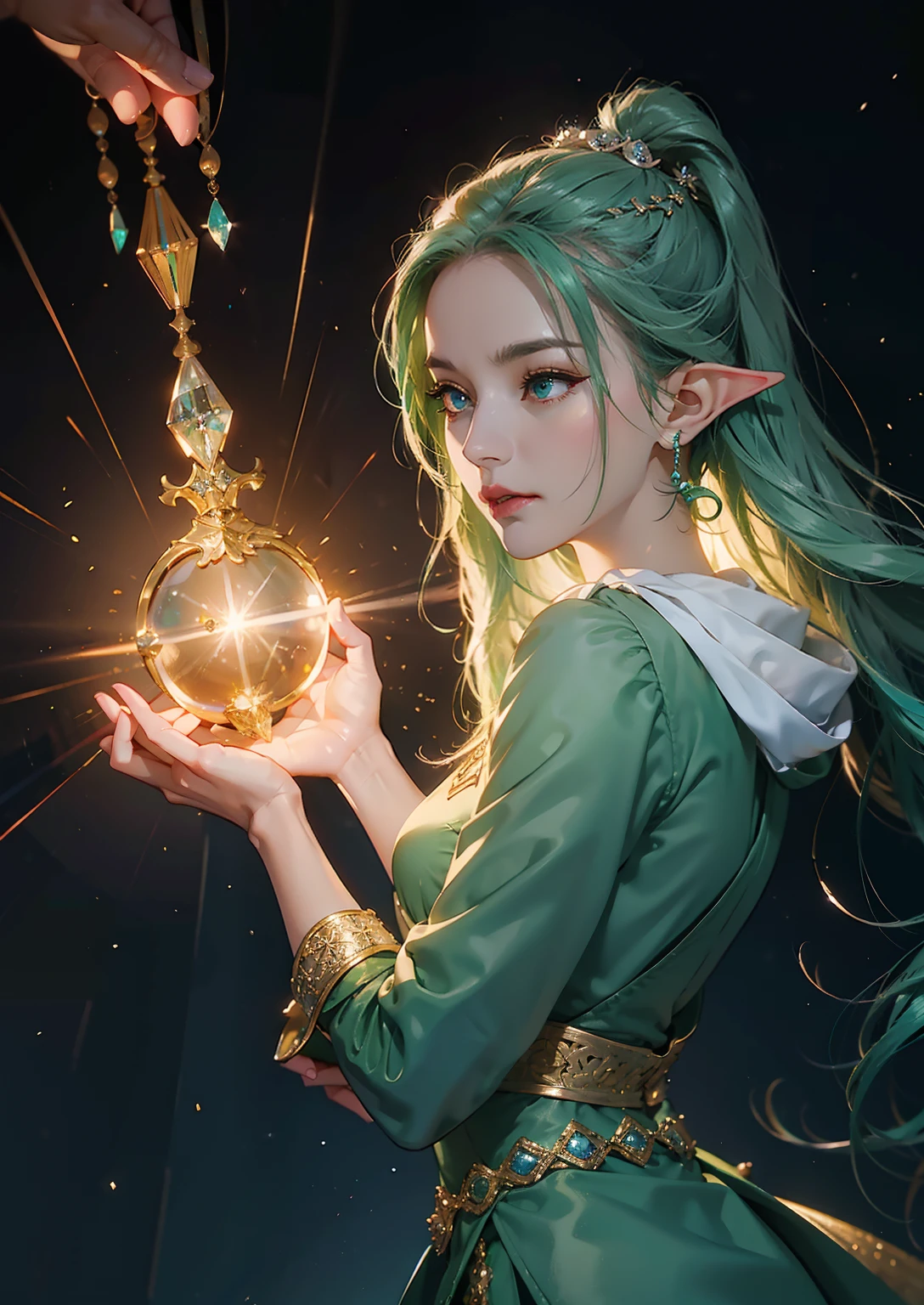 1girl in, elf-ears, Elven Princess, Green hair, Gradient Hair, Long hair, hair messy, Dreadlocks, hair clips, Hair Ornament, Jewelry, forehead gem, Hood down, star-shaped pupils, Gradient Eyes, aqua eyes, pointy ear, crystal earrings, Serious, Bright pupils, flustered, Anime, Anime style, Anime, Anime, spark of light, Glowing light, reflective light, vignetted, Reference Sheet, From Side, Lens Flare, ((masutepiece)), masutepiece, Anatomically correct, Super Detail, High quality, high details, Best Quality, 4K, 8K, 16 K, hard disk, nffsw