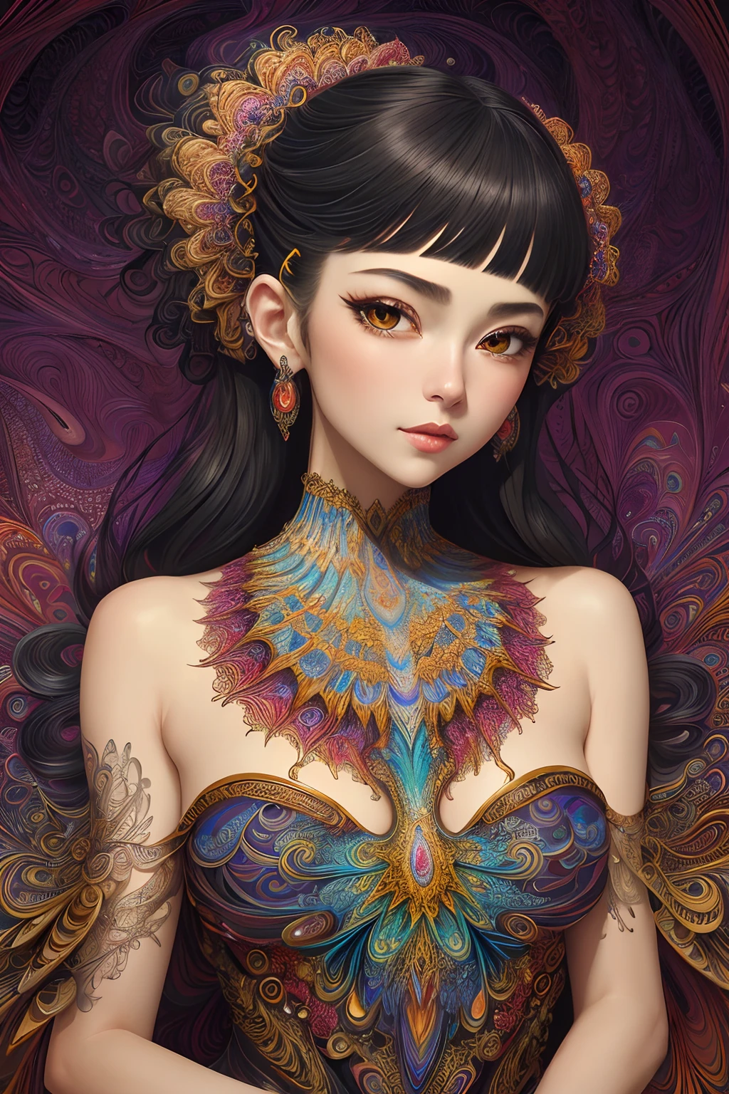 (masterpiece, top quality, best quality, official art, beautiful and aesthetic:1.2), (1girl:1.3), extremely detailed,(fractal art:1.2),colorful,highest detailed,(zentangle:1.2), (dynamic pose), (abstract background:1.5), (treditional dress:1.2), (shiny skin), (many colors:1.4), upper body, masterpiece, best quality,high quality,highres, 16K,RAW,ultra highres,ultra details,finely detail,an extremely delicate and beautiful,extremely detailed,real shadow, anime,highly detailed painted,award winning glamour paintting,wonderful paintting,art style,stylized,