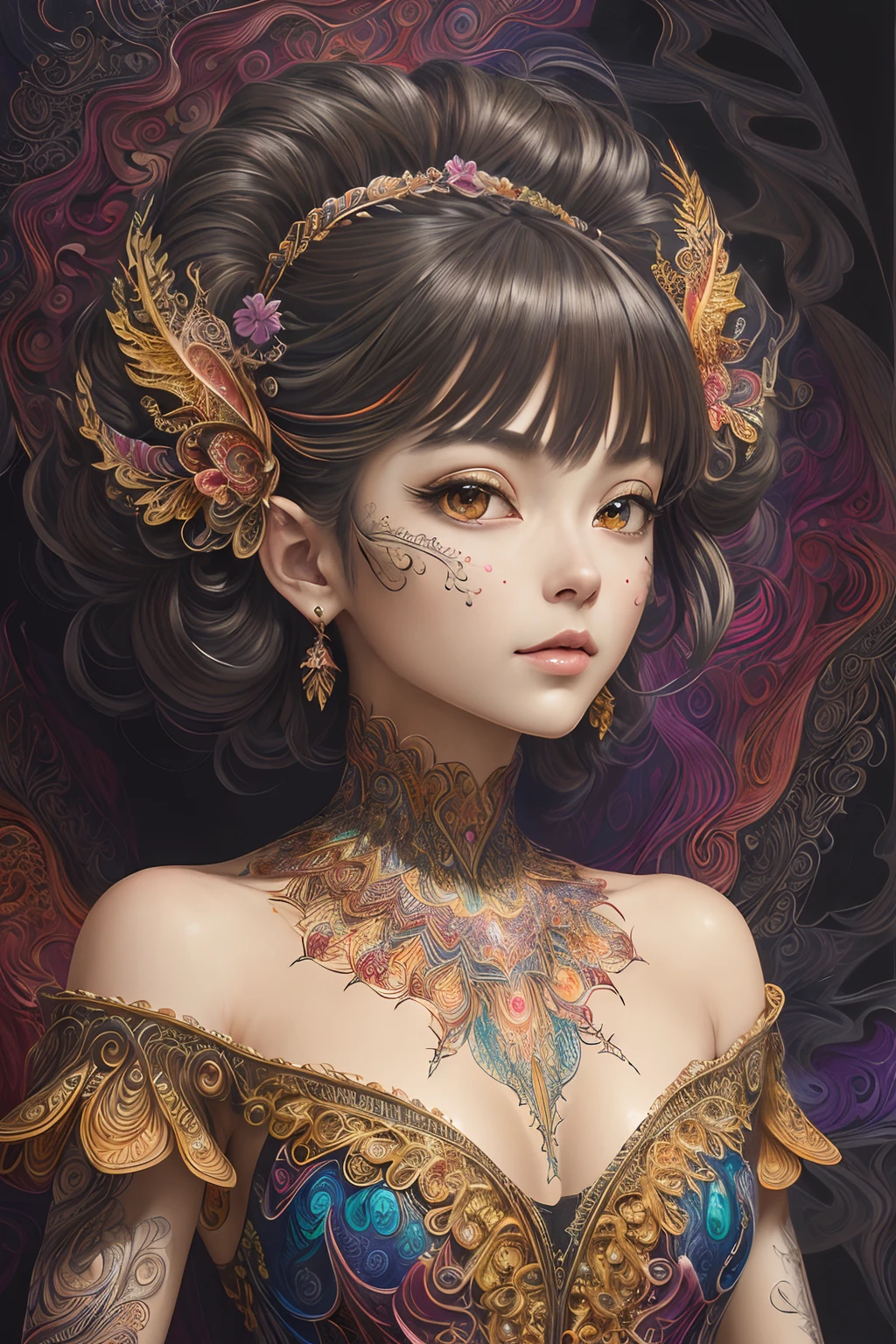 (masterpiece, top quality, best quality, official art, beautiful and aesthetic:1.2), (1girl:1.3), extremely detailed,(fractal art:1.2),colorful,highest detailed,(zentangle:1.2), (dynamic pose), (abstract background:1.5), (treditional dress:1.2), (shiny skin), (many colors:1.4), upper body, masterpiece, best quality,high quality,highres, 16K,RAW,ultra highres,ultra details,finely detail,an extremely delicate and beautiful,extremely detailed,real shadow, anime,highly detailed painted,award winning glamour paintting,wonderful paintting,art style,stylized,