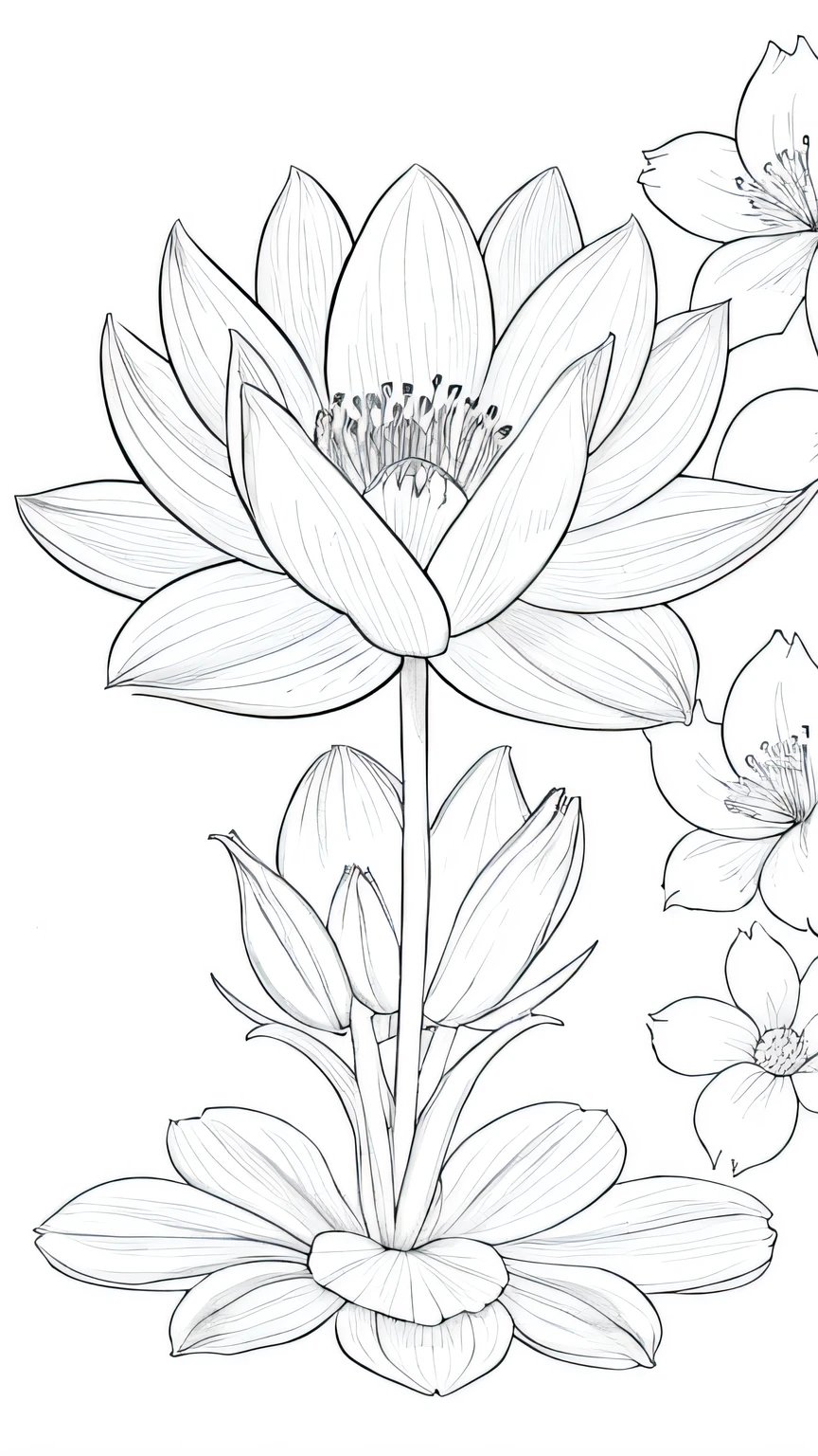 Blossoming Serenity flower, bloom, floral background, many flower, line drawing background, white background, monochrome, line drawing, ((sketch))