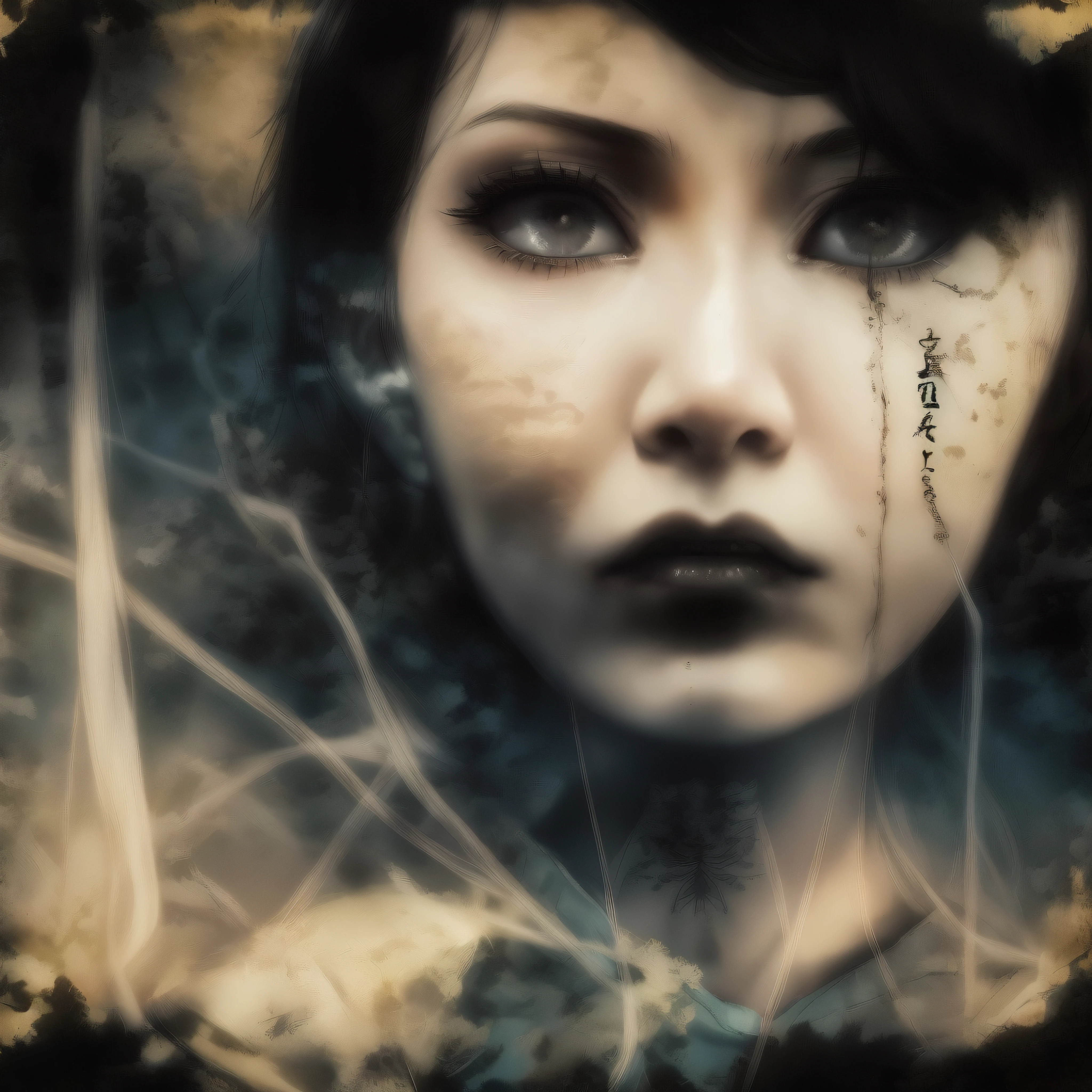 there is a woman with a creepy look on her face, gothic face, gothic girl face, creepy gothic portrait, haunted and sad expression, haunted sad expression, china doll face, post grunge portrait, mysterious eerie portrait