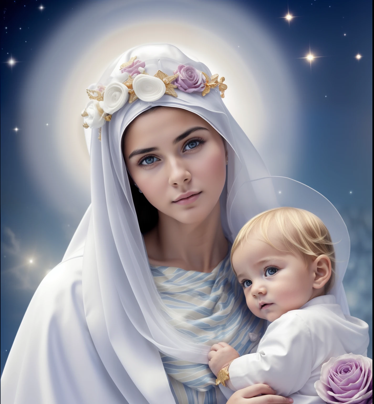 ((Blessed Virgin Mary and Jesus. 19 years old)((( Con una cara seria y piadosa. Con una mirada dulce y tierna))) (obra maestra, calidad superior, mejor calidad, arte oficial, beautiful and aesthetic: 1.2), (1girl), extremadamente detallado, (Arte fractal: 1.3), colorido, highest detailed, Cara perfecta, parte superior del cuerpo, HDR, (orando: 1.3), (golden lines of white coat: 1.2), galaxia, (rayas de luz), eye-catching visuals, (dynamic stripes, senderos luminosos: 1.2), colores vibrantes,