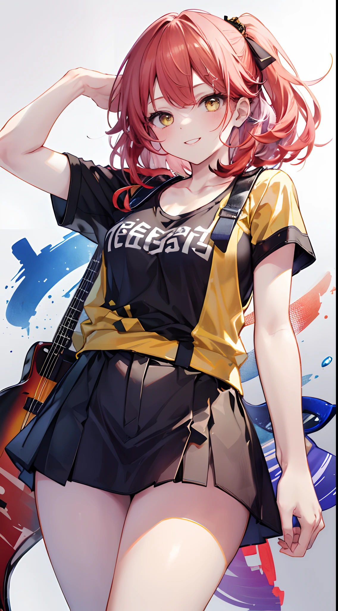 top-quality,Masterpiece,masterpiece,8k,high-level image quality,High pixel count,1人の女性,1girl,独奏,((without background,White background)),Ikuyo Kita,(Red hair),side poneyTail,Yellow eyes,Black T-shirt,a black T-shirt,(Playing the blue guitar),((Black T-shirt)),Gray miniskirt,full bodyesbian,cowboy shot,facing front,Depiction from head to foot,a smile,