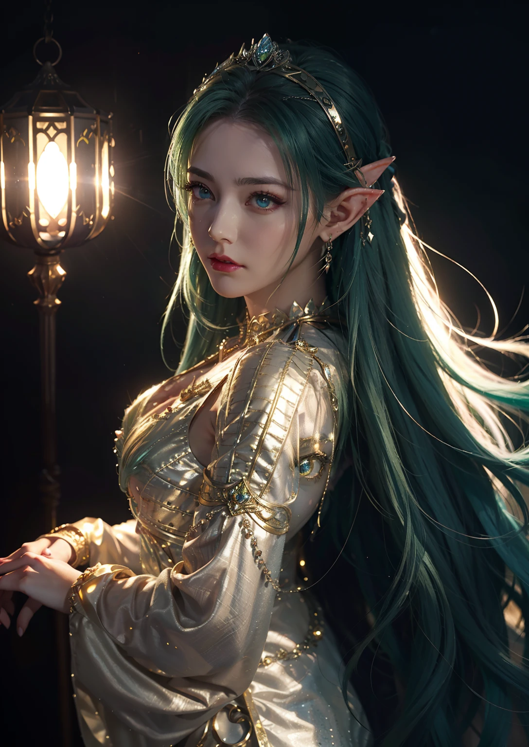 1girl in, elf-ears, Elven Princess, Green hair, Gradient Hair, Long hair, hair messy, Dreadlocks, hair clips, Hair Ornament, Jewelry, forehead gem, Hood down, star-shaped pupils, Gradient Eyes, aqua eyes, pointy ear, crystal earrings, Serious, Bright pupils, flustered, Anime, Anime style, Anime, Anime, spark of light, Glowing light, reflective light, vignetted, Reference Sheet, From Side, Lens Flare, ((masutepiece)), masutepiece, Anatomically correct, Super Detail, High quality, high details, Best Quality, 4K, 8K, 16 K, hard disk, nffsw