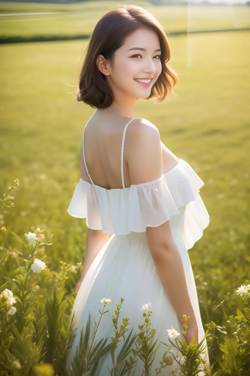 cleavage,Best quality, masterpiece, ultra high res, (photorealistic:1.4), raw photo, 1girl, white dress, off shoulder, White flower field, glowing skin, light smile