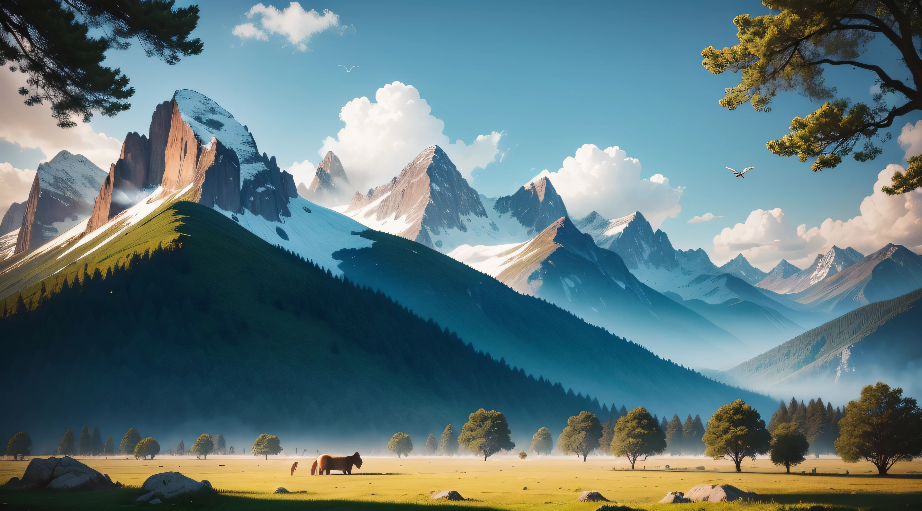 Imagine a vast meadow where a 30-year-old man finds solace in sleep, nestled beside a sturdy tree, with the majestic presence of mountains in the backdrop and free-flying birds marking the blue expanse.