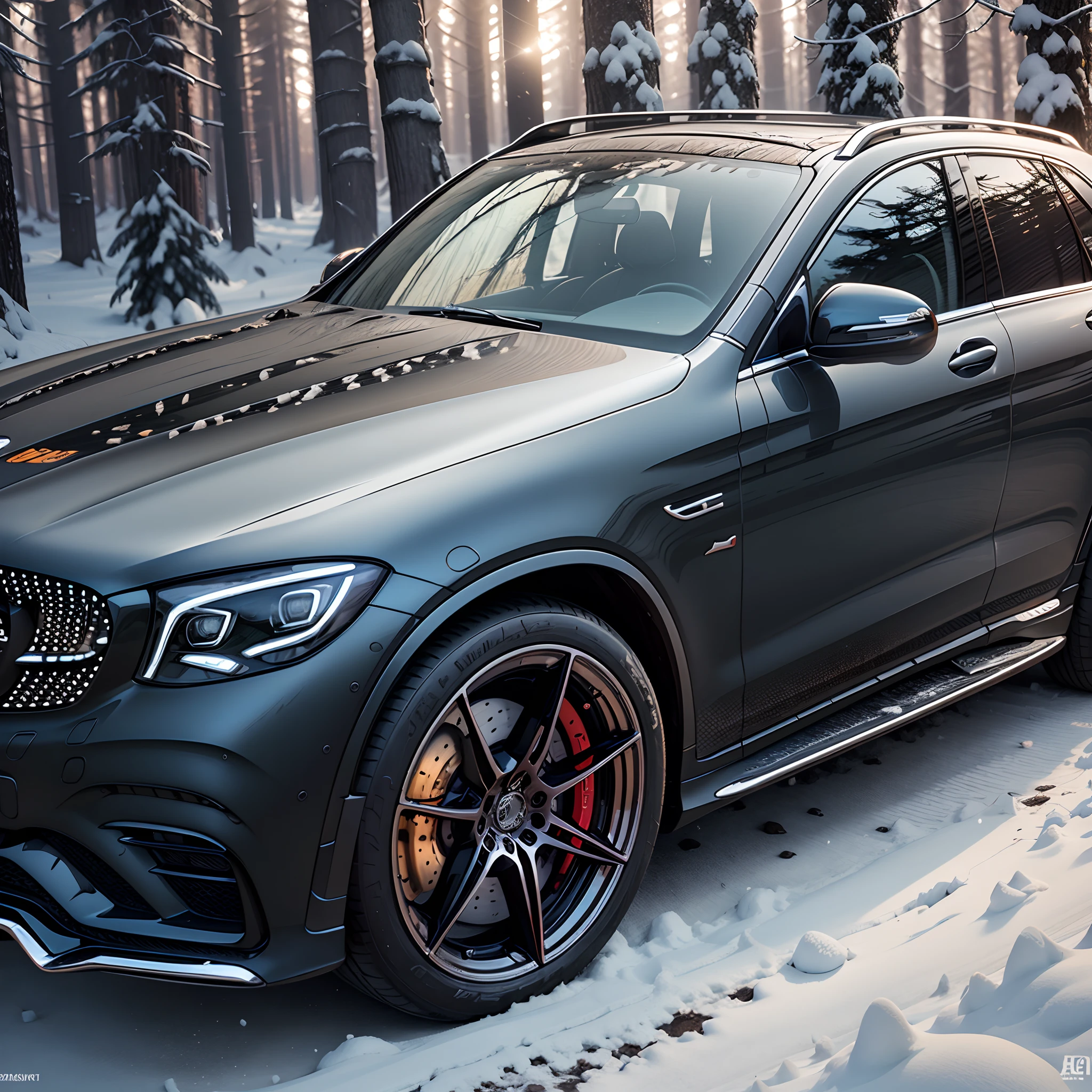 Mercedes glc63 amg Its color is matte black and is found in forests where snow falls at night in the dark ,8k --auto --s2