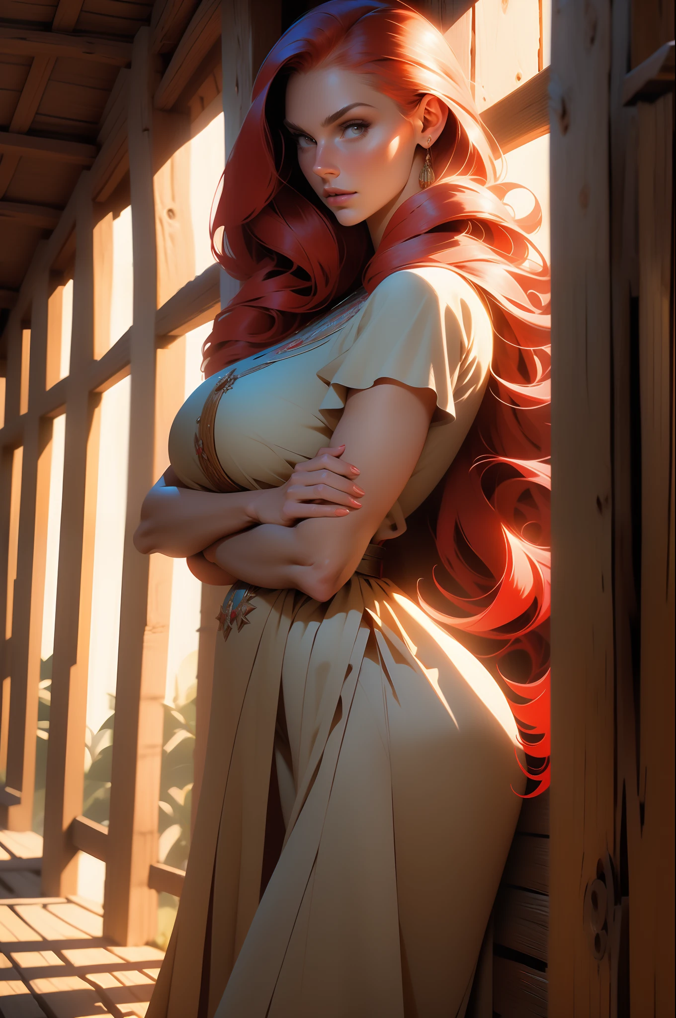 Masterpiece, 8K, wallpapers, (Detailed), ((full - body)), (20th century, 1940) Tall Woman, 28 years old, Russian, Slavic appearance, beautiful, red hair in different directions, fair skin, (A affectionate look), (In a Slavic dress), (against the background of the hut), ((high skin detail, skin details)), sharp-focus, 8K UHD, dslr, hiquality, Film grain,