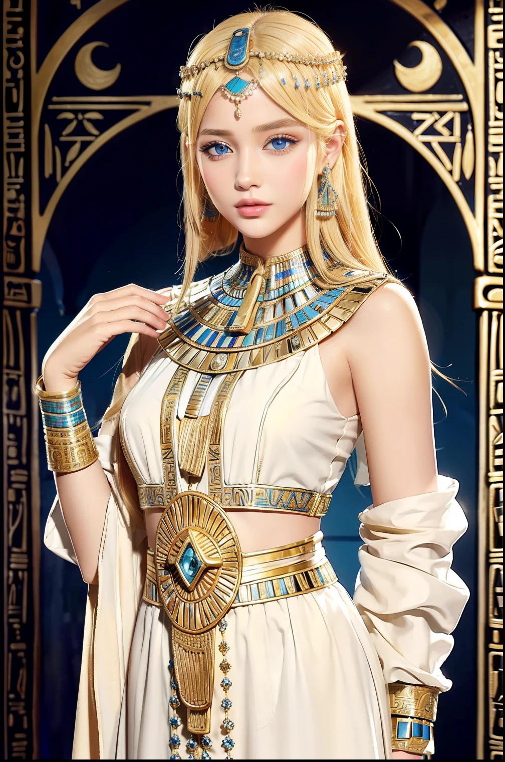 "Draw a young girl with bright blonde hair and diamond-like blue eyes, Wearing ancient Egyptian or Mesopotamian clothing. The clothes she wears should exude elegance and the beauty of ancient fashion."