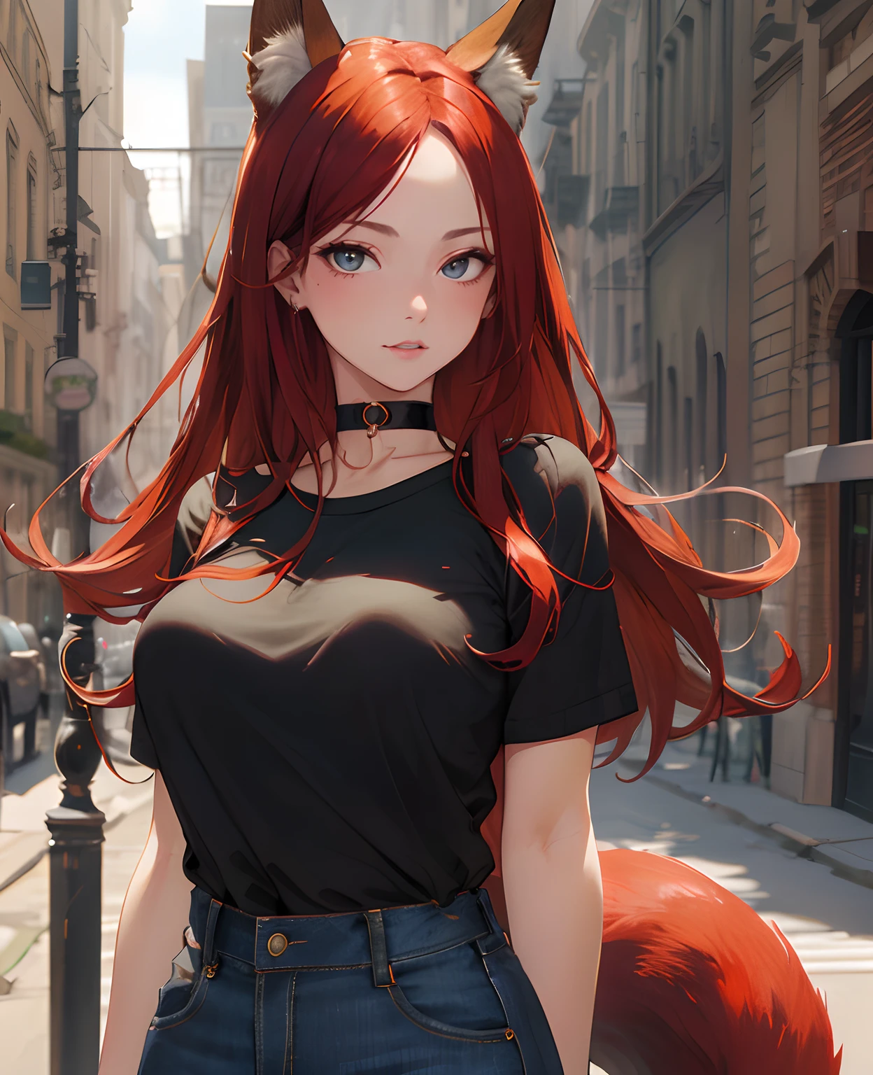 (Obra maestra, La mejor calidad, ultrahigh resolution,splendid),1girl,pelirrojo, Vaqueros largos, gargantilla, Camisa negra, Cara hermosa y detallada, ojos detallados, Orejas de zorro, Cola de zorro,ojos ultra detallados, mirando al espectador