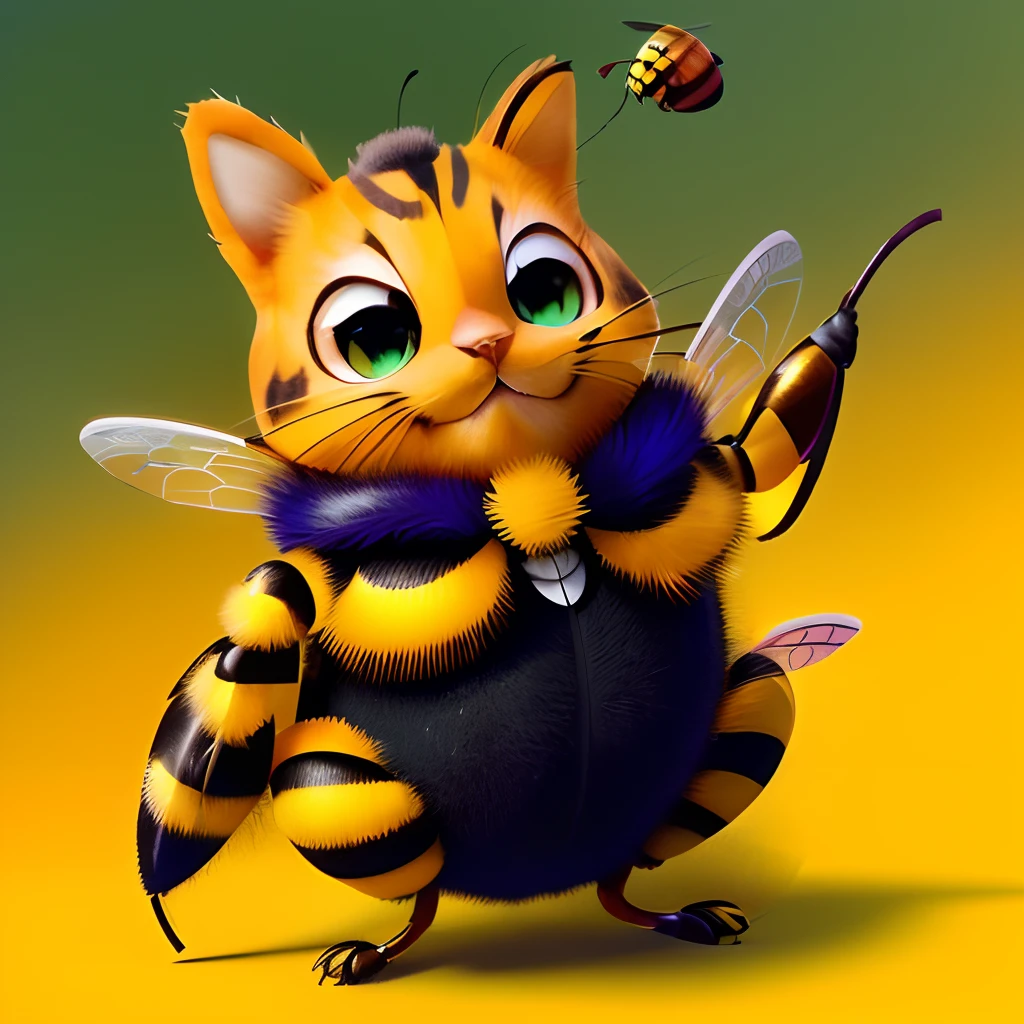 Cartoon cat with bee costume and ladybug, Adorable Digital Painting, Cute digital art, cute detailed digital art, human structure bee concept art, Big Bee, Based on bumblebees, cute 3d render, 3 d蜂, Bumblebee, Mayabee, Cyberpunk Bee, fanart, Close-up painting of a bee, Anthropomorphic cat, bee, rendered art