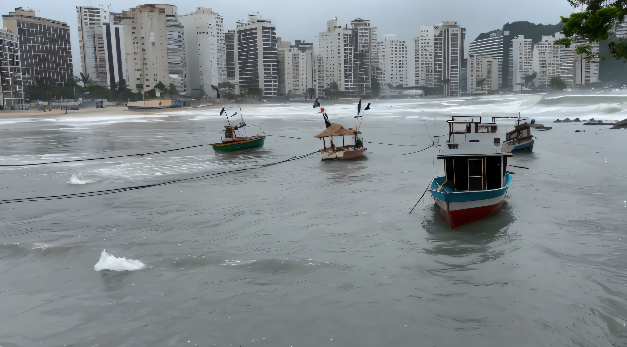 Several boats are on the water near a beach with a town in the background, Directed by: Felipe Seade, with water and boats, 3 barcos no rio, 4 0 9 6, boats in the water, violent stormy waters, sao paulo, the sea seen behind the city, barcos de pesca, Rocha, em mares agitados com ondas grandes, television show, Malika Favre