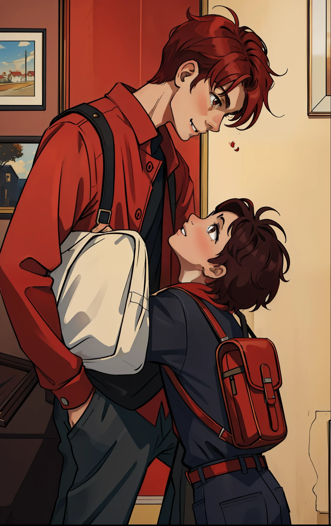 (obra-prima, melhor qualidade), detalhes intrincados, 8k, art-station, papel de parede, Arte Oficial, arte splash, foco nítido, 2 Boys, one taller red haired teenager with cherry red hair and brown eyes, both with very short hair above the ears, the other, a child with short dark black hair, Happy, smiling, The tall, light skinned redhead, the other black-haired boy with half-shaved hair on the sides, a players room in the background, the red-haired boy bigger than the dark-haired boy, the two looking at each other, The older red-haired boy and the smaller dark-haired child, print from the living room in the background, house in the background, the child with black hair and brown eyes, impression of the child with black hair, red-haired teenage boy and brunette child, taller red-haired boy and black-haired child