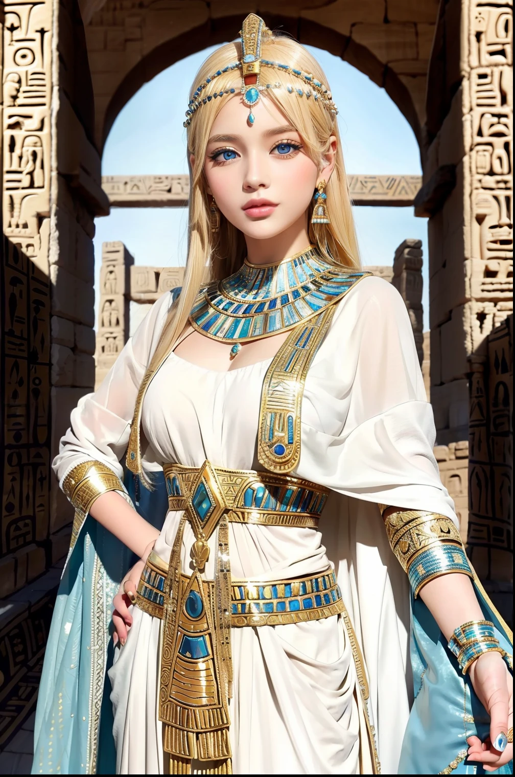 "Draw a young girl with bright blonde hair and diamond-like blue eyes, Wearing ancient Egyptian or Mesopotamian clothing. The clothes she wears should exude elegance and the beauty of ancient fashion."