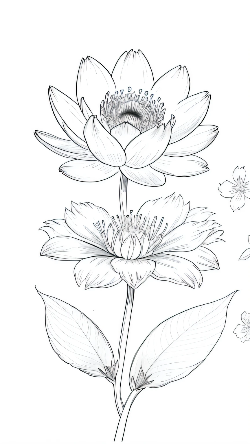Blossoming Serenity flower, bloom, floral background, many flower, line drawing background, white background, monochrome, line drawing, ((sketch))
