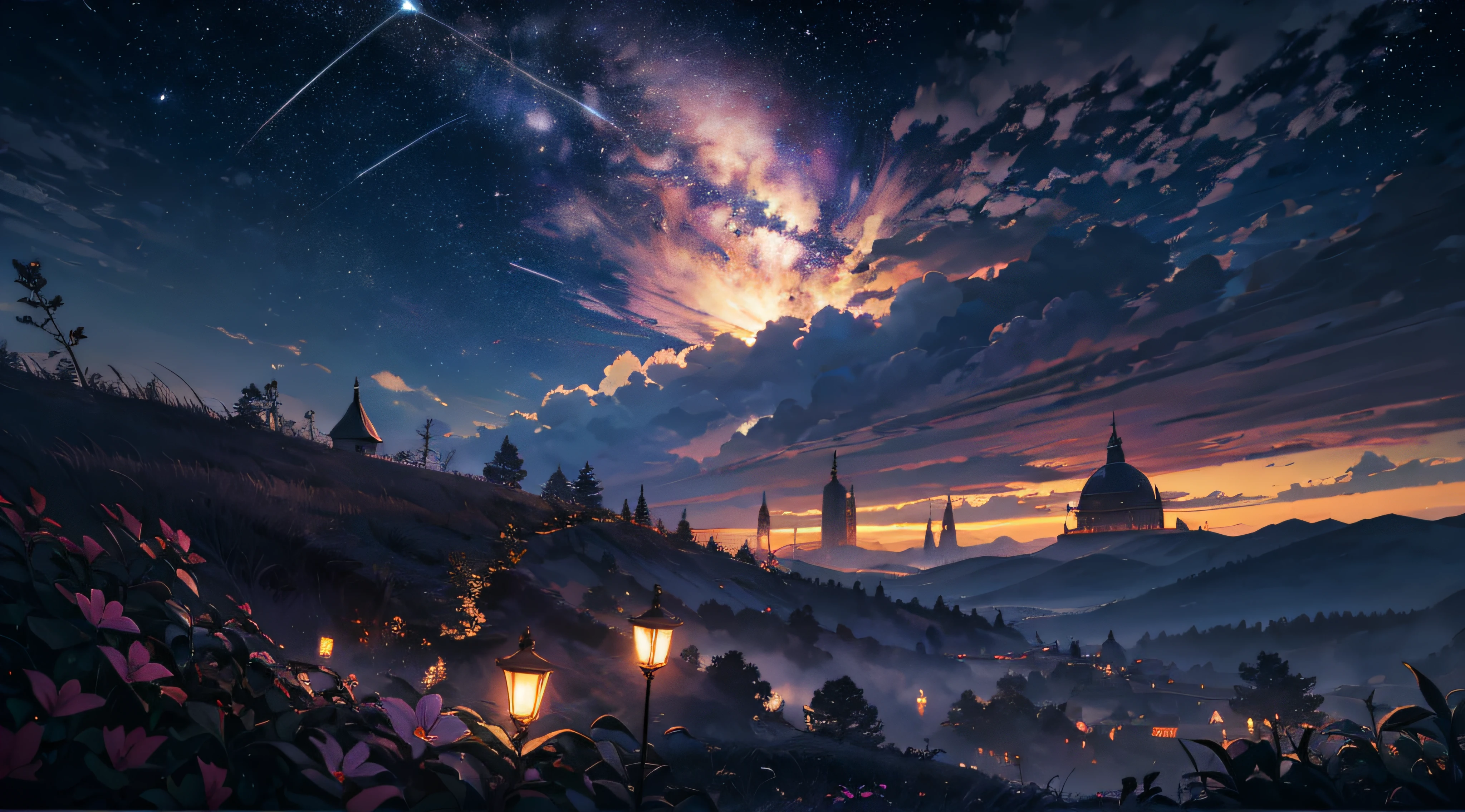 Expansive landscape photograph,(moon full:1.2),(meteors:0.9),(Starcloud:1.3),(Warm light source:1.2),(glowworm:1.2),lamp lights,Lots of purple and orange,Complicated details,Volumetriclighting,Realism BREAK(tmasterpiece:1.2),(best qualtiy),8K,Ultra-detailed,(dynamic compositions:1.4),The is very detailed,Colorful details,(Irridescent color:1.2),(luminouslighting,Atmospheric lighting),dream magical,magical,(独奏:1.2),((best qualtiy)), ((tmasterpiece)), (the detail:1.4),depth of fields,maximum definition and sharpness,perfectly proportions,Fluttering clouds,Wallpapers