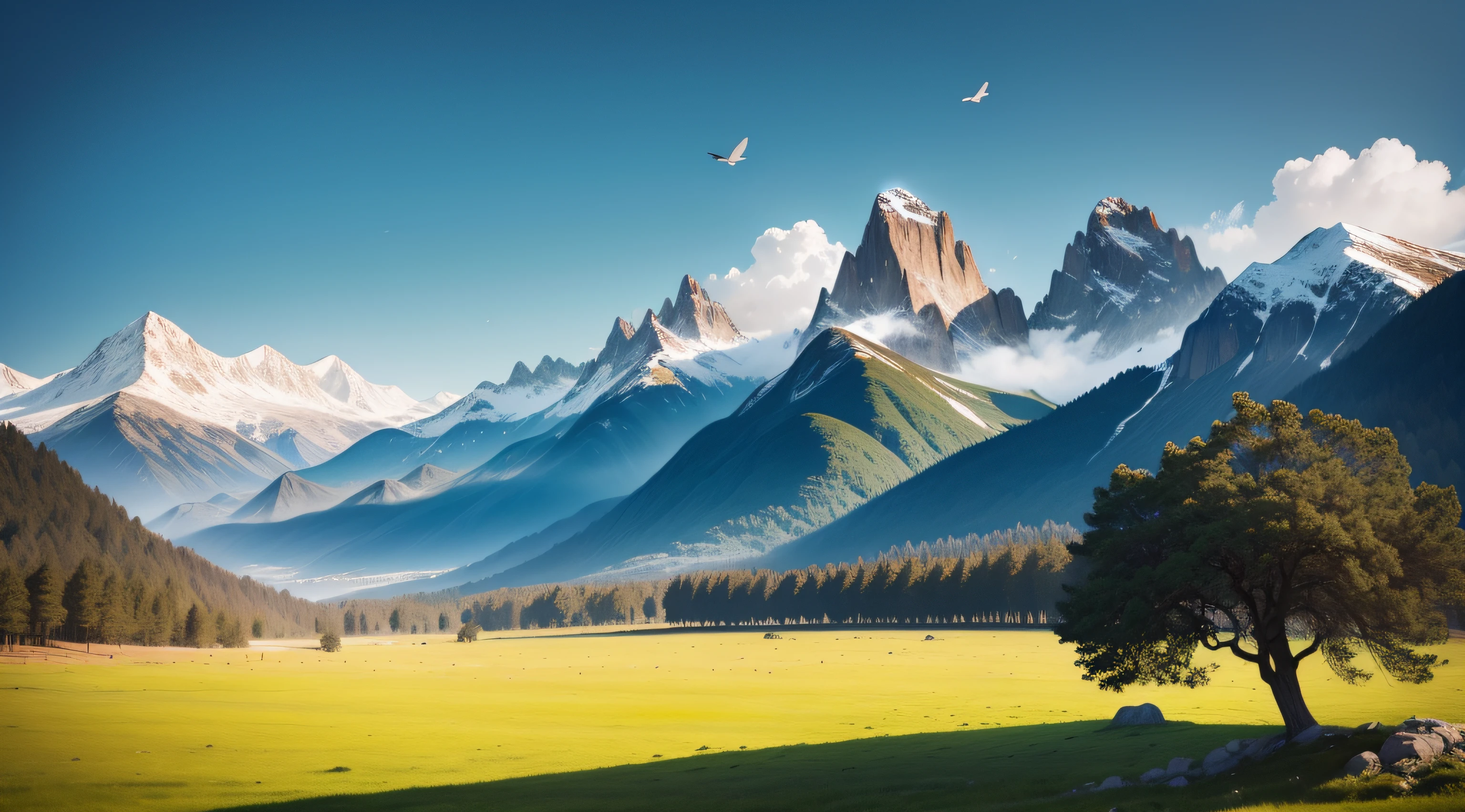 Imagine a vast meadow where a 30-year-old man finds solace in sleep, nestled beside a sturdy tree, with the majestic presence of mountains in the backdrop and free-flying birds marking the blue expanse.