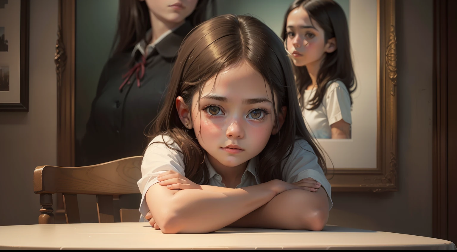 There's a girl who's sitting at a table, painting digital adorable, pintura realista da menina bonito, retrato bonito, Retrato de uma menina bonito, Retrato da menina bonito, pintura digital dos desenhos animados, arte digital bonito, Arte infantil em Artstation, lindo pintura digital, retrato de arte digital, pintura digital realista, digital illustration portrait, foto retrato realista, Photoshop pintura digital