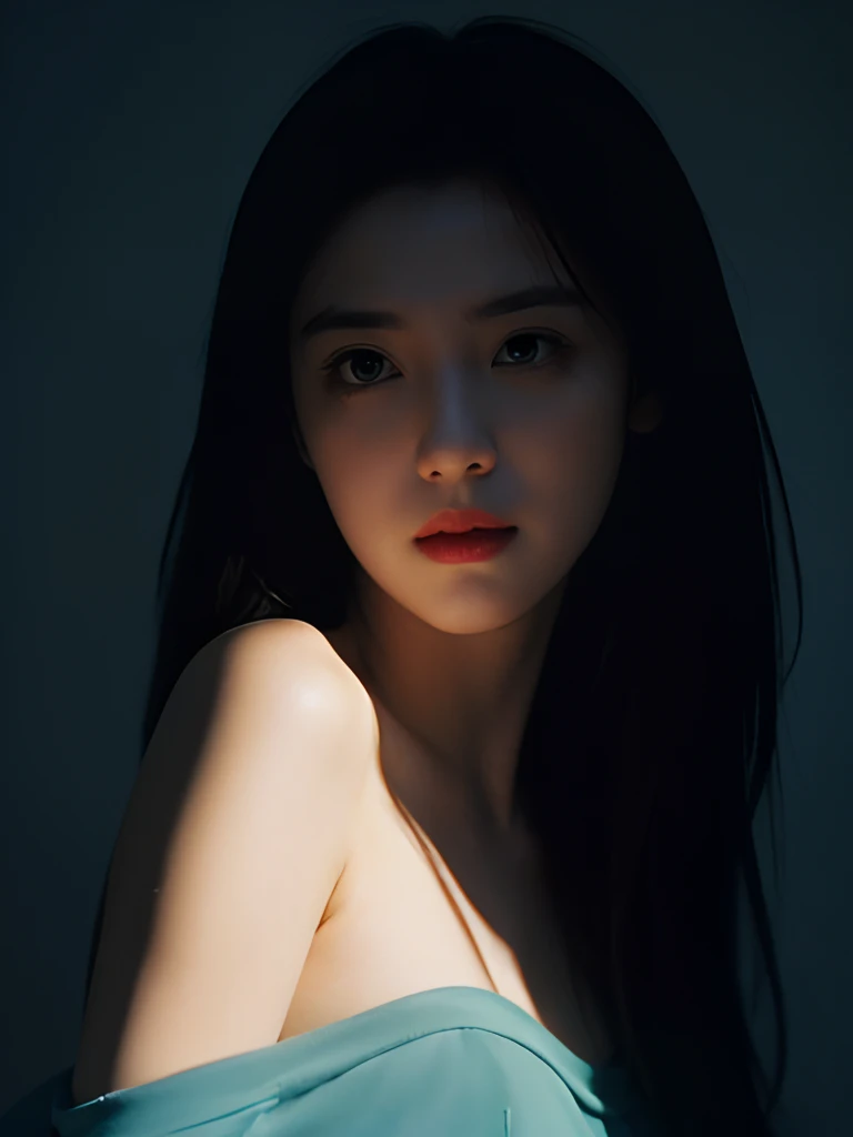 top-quality、masterpiece、超A high resolution、(Photorealsitic:1.5)、Raw foto、1girl in、Ukrainian、off shoulders、murky、deep-shadows、cold light、Sexy appearance、mysterious look、Neon background