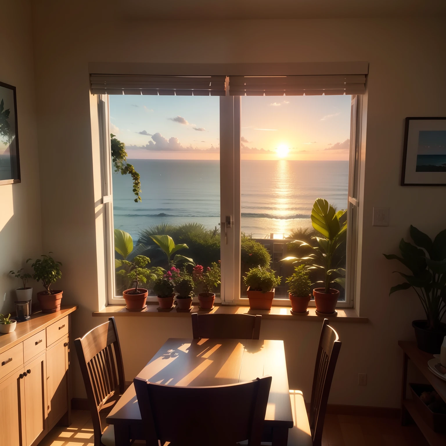 sunrise, warm lighting, window ocean view, plants on the table,