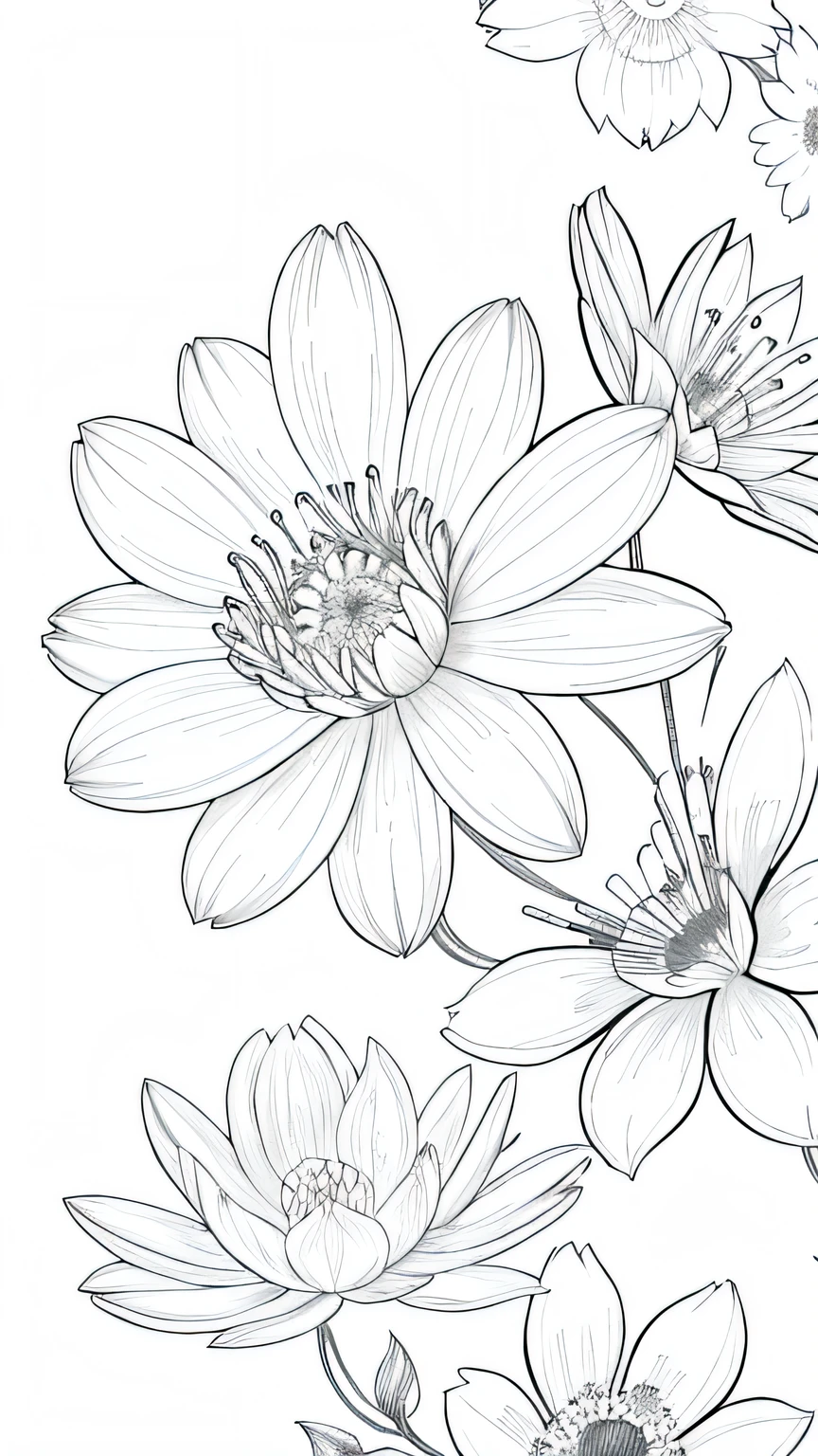 Blossoming Serenity flower, bloom, floral background, many flower,  line drawing background, white background, monochrome, line drawing, ((sketch))