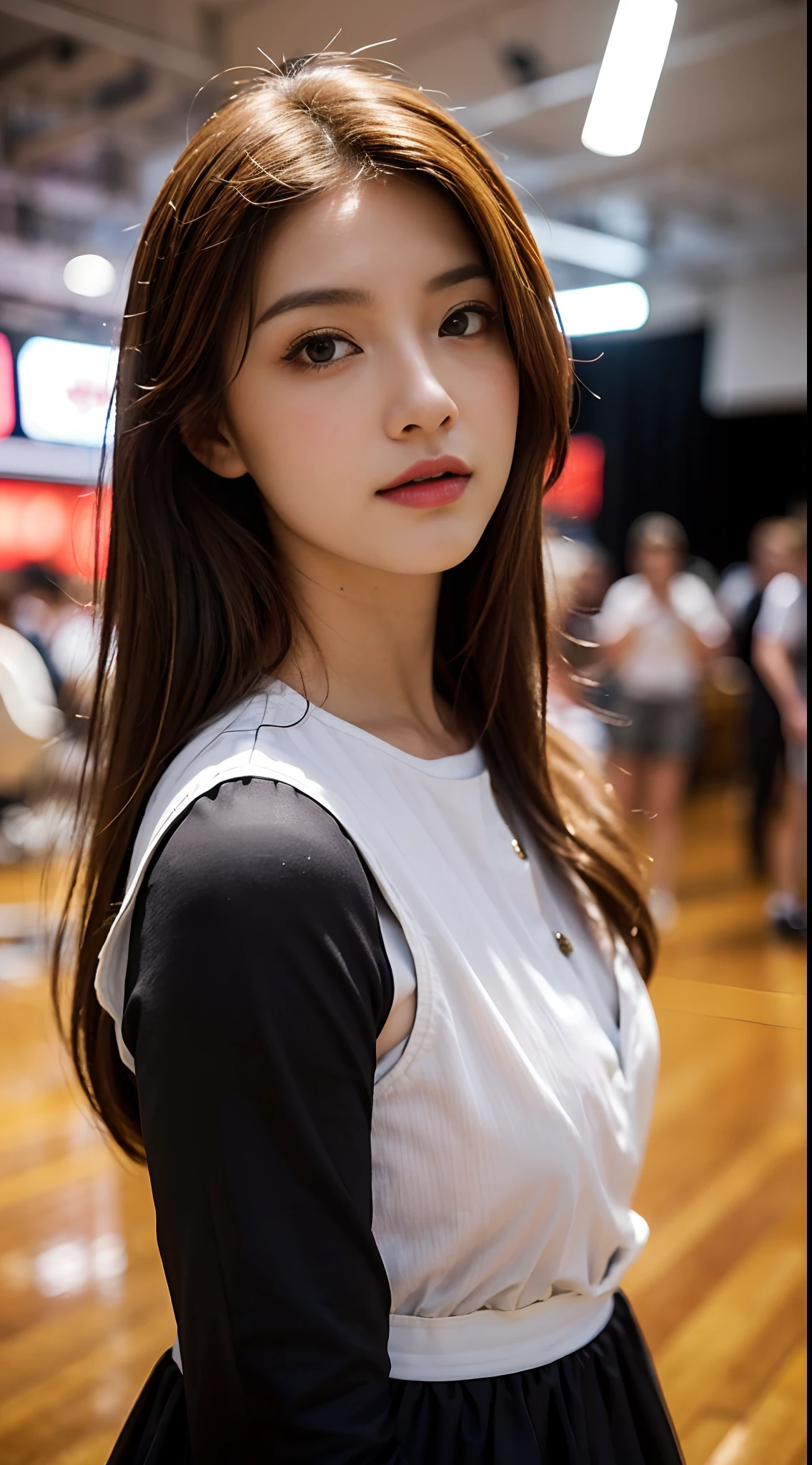 (Pretty maid close-up, Long hair, European armor, amazing body, Pronounced femininity, Sports venues, Golden, Red ginger hair,Ashe flirts with the camera)