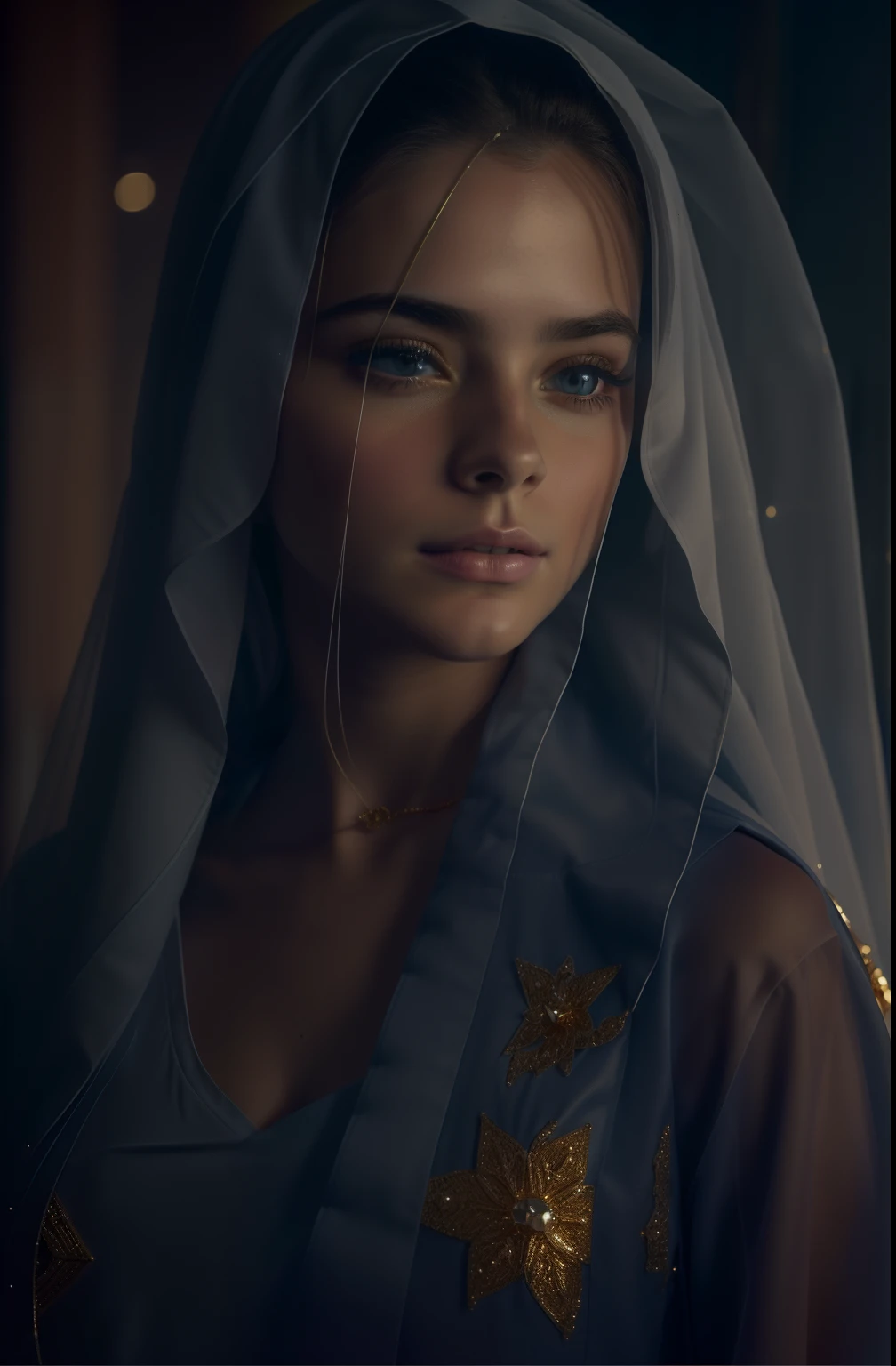 ((Blessed Virgin Mary. 19 years old))) ((( Con una cara seria y piadosa. Con una mirada dulce y tierna))) (obra maestra, calidad superior, mejor calidad, arte oficial, beautiful and aesthetic: 1.2), (1girl), extremadamente detallado, (Arte fractal: 1.3), colorido, highest detailed, Cara perfecta, parte superior del cuerpo, HDR, (orando: 1.3), (golden lines of white coat: 1.2), galaxia, (rayas de luz), eye-catching visuals, (dynamic stripes, senderos luminosos: 1.2), colores vibrantes,