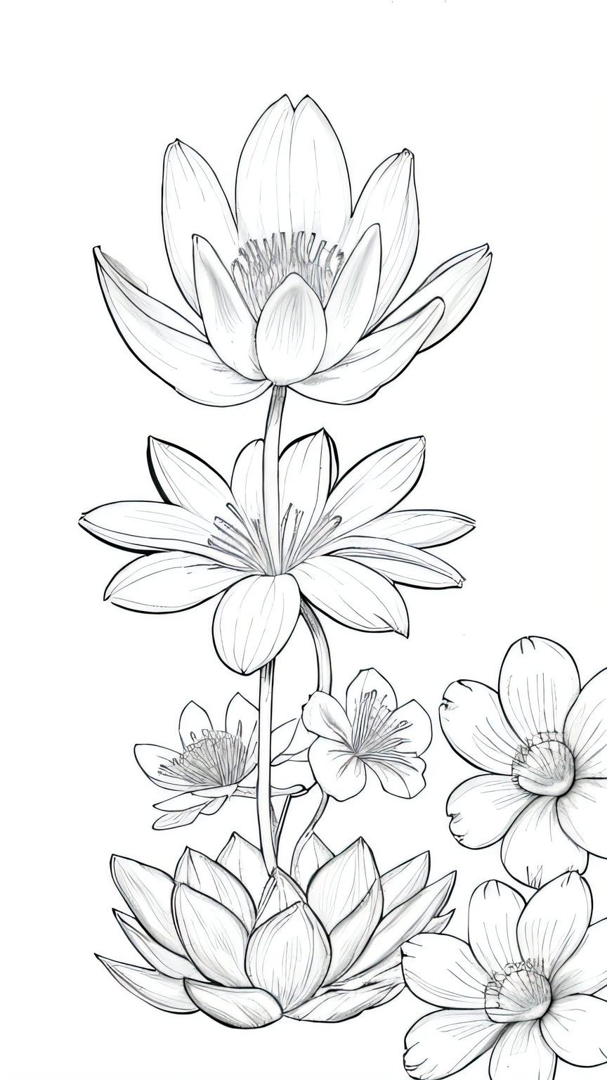 Blossoming Serenity flower, bloom, floral background, many flower, line drawing background, white background, monochrome, line drawing, ((sketch))